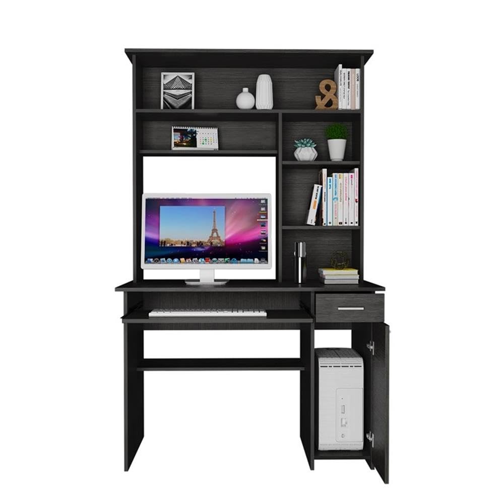 Modern Engineered Wood Desk with Hutch in Charcoal - Stylish Home Office Furniture for Small Spaces, Work from Home & Study Room Organization