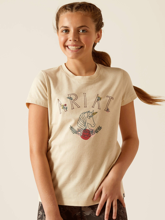 Ariat Kids Unicorn Insignia T-Shirt - Oatmeal Heather Cotton Tee for Girls | Perfect for Playdates, Birthday Parties & Casual Wear