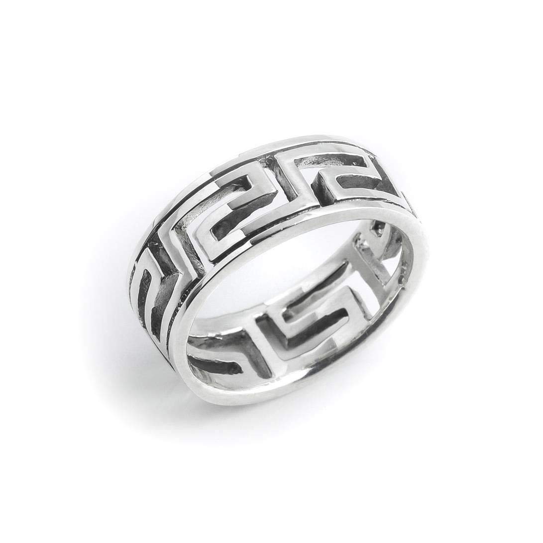 Sterling Silver Rings for Women and Men - 925 Solid Silver Greek Key Cut-Out Wedding Band Set (His & Hers) - Classic Ancient Fret Design Promise Rings - Perfect for Anniversaries, Engagements and Couple Gifts