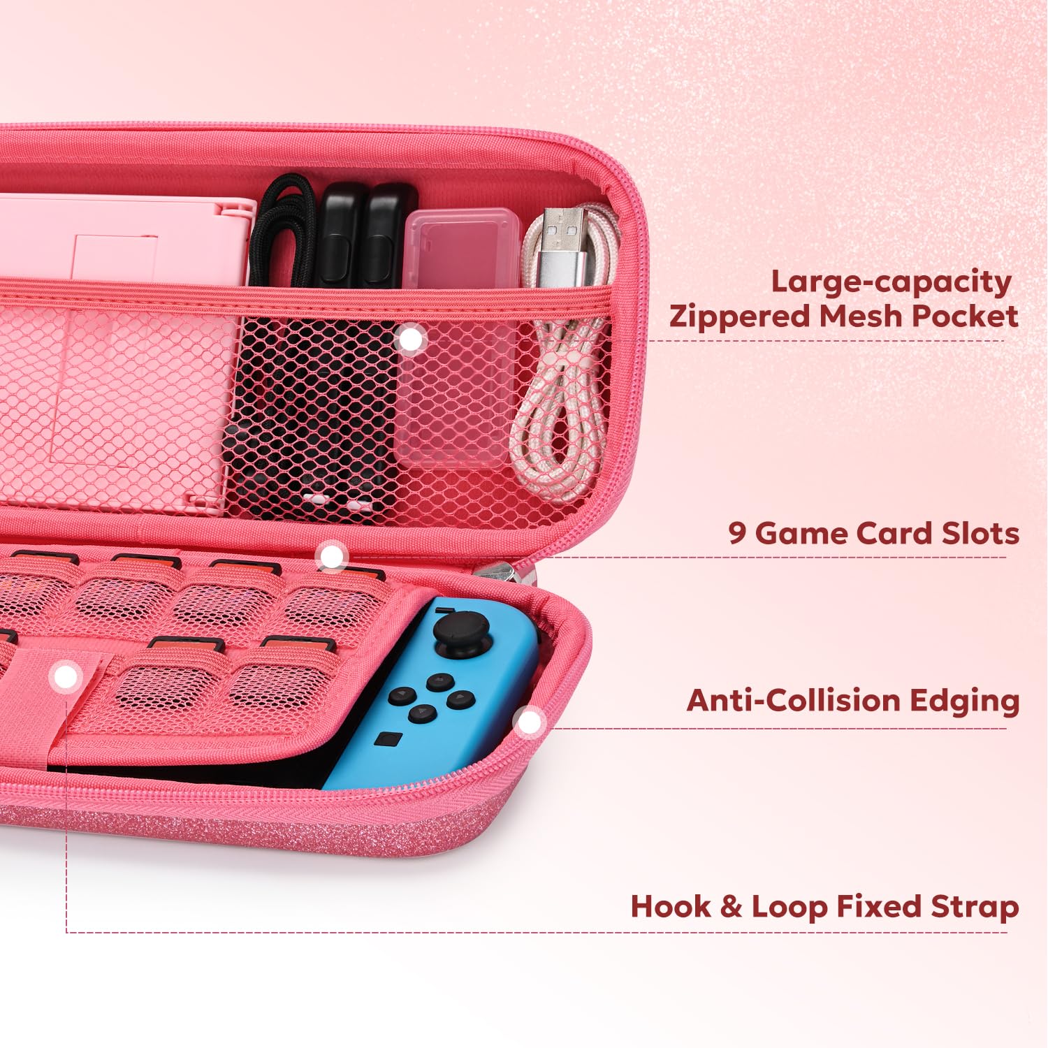 InnoAura 17-in-1 Nintendo Switch Accessories Bundle - Switch Carrying Case, Protective Case, Game Case, Screen Protector & Thumb Grips (Sequins Pink) | Perfect for Travel, Gaming On-The-Go & Switch Protection