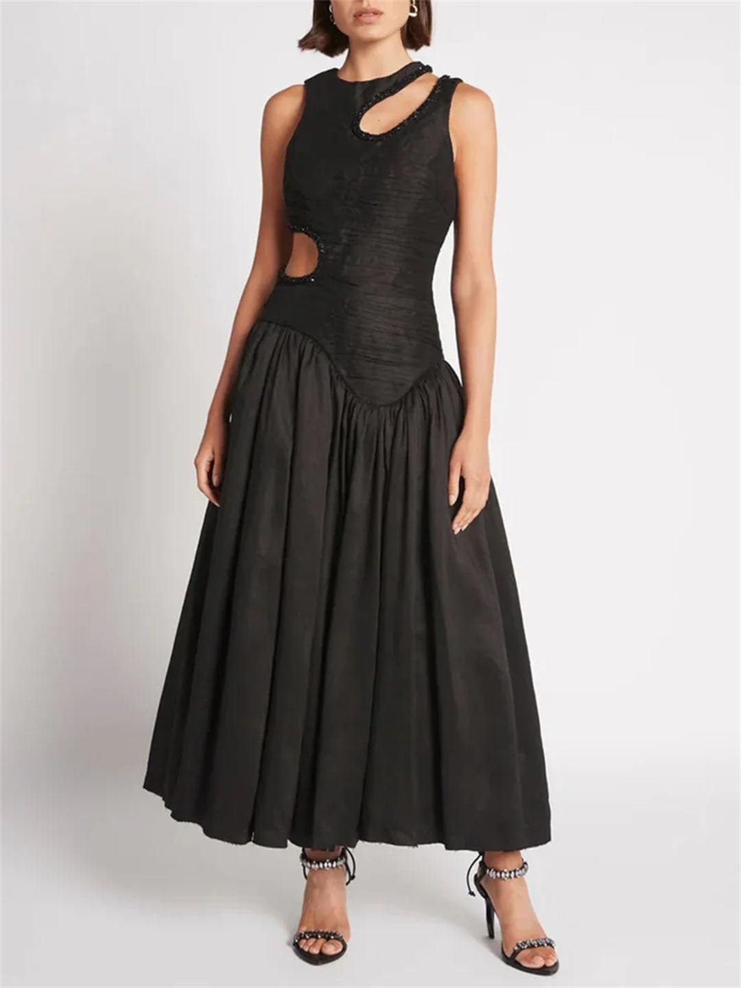 Elegant Sleeveless Hollow Pleated Maxi Dress for Women - Summer Beach Wedding Party & Vacation Outfit