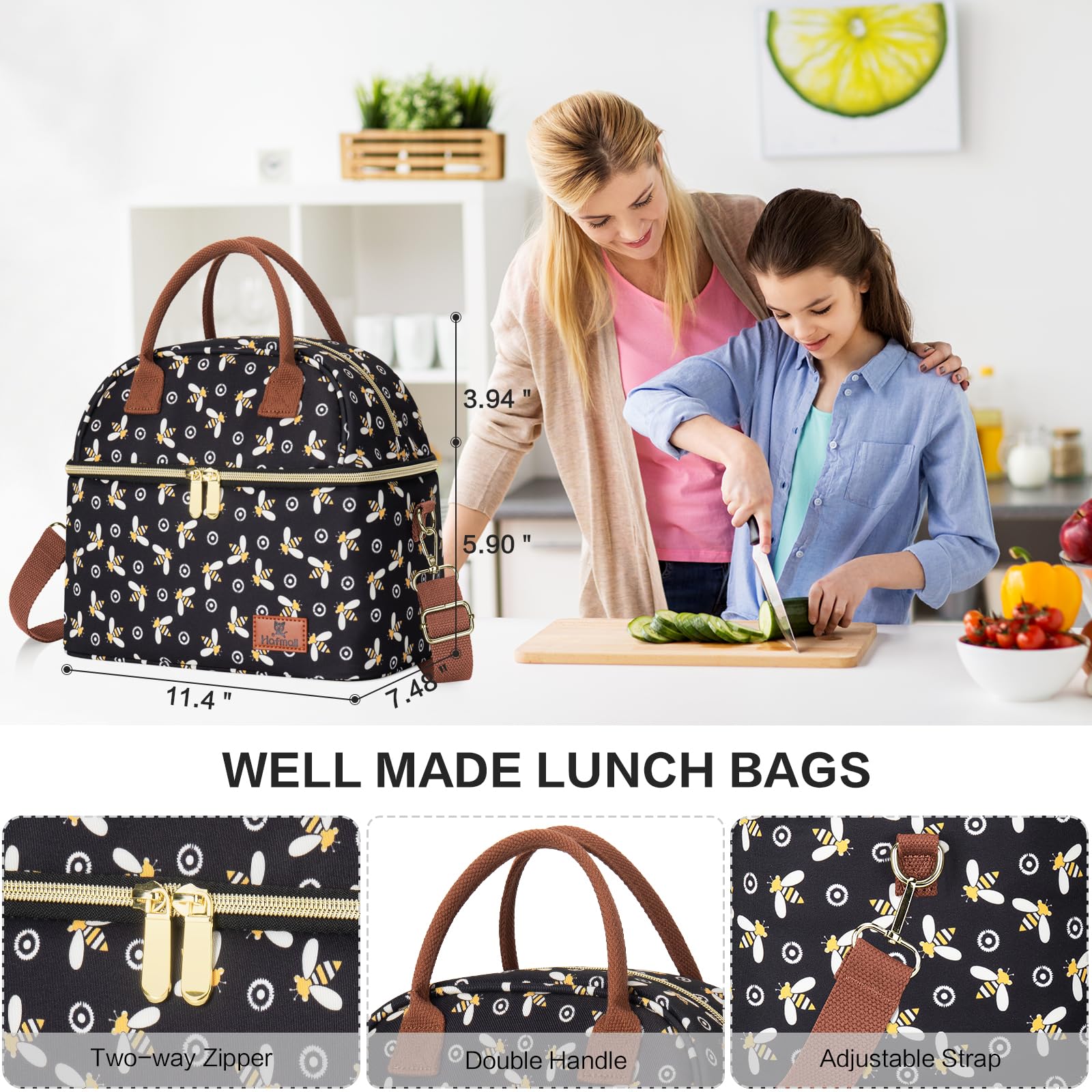 Hafmall Double Decker Insulated Lunch Bag for Women - Large Reusable Lunch Tote with Shoulder Strap, Cute Work Lunch Box for Office, School & Picnic - Bee Design | Perfect for Meal Prep, Commuting & Outdoor Activities
