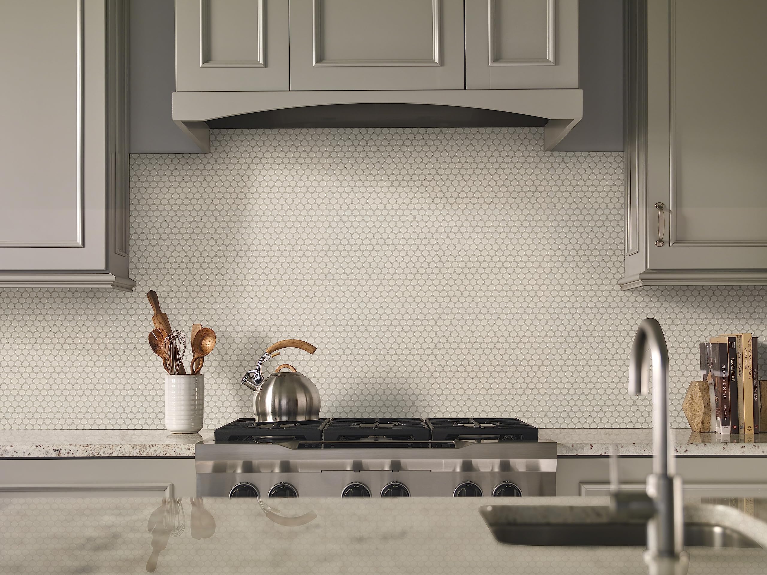 MSI Almond 11.63x11.5 Inch Glossy Porcelain Penny Round Mosaic Tile - Kitchen Backsplash, Bathroom Wall, Shower Floor Tile - Beige Mesh-Mounted Ceramic Tiles for Home Renovation & Commercial Spaces