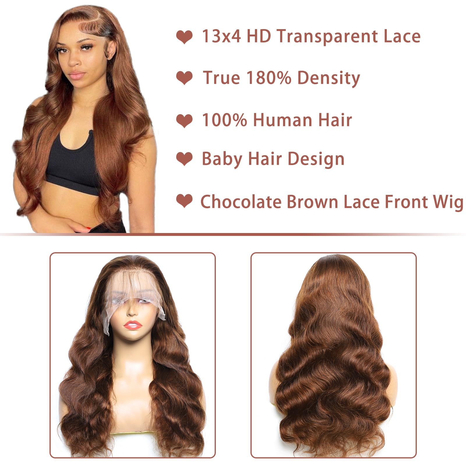 13x4 Brown Body Wave Lace Front Wig - 180% Density Human Hair with Pre-Plucked Baby Hair & HD Lace | Chocolate Colored Glueless HD Lace Closure | 30 Inch Curly Lace Front Wig for Women | Perfect for Daily Wear, Parties & Special Occasions