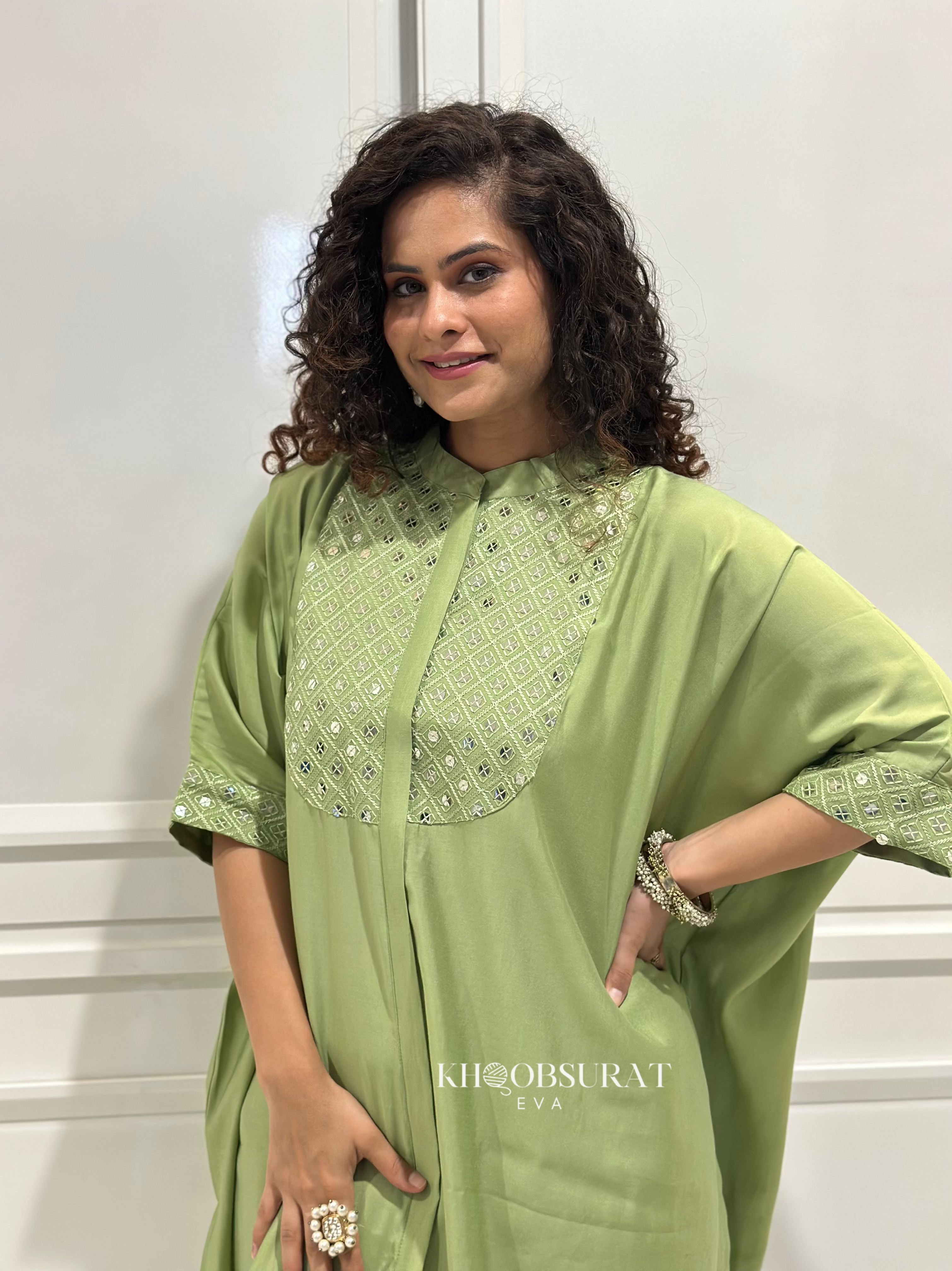Stylish Indian Pistachio Green Kaftan Set for Women - Boho Chic Loungewear for Home, Beach & Summer Vacations