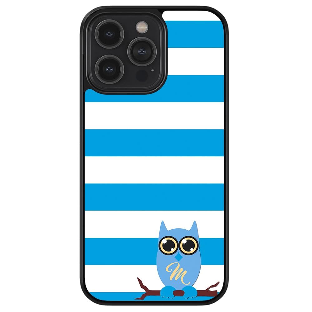 Owl Pattern Blue and White Stripes Personalized Black Rubber Phone Case for Apple iPhone 16 Pro Max/Plus, 15 Pro Max/Plus, 14 Pro Max/Plus, 13 Pro Max/Mini, 12 Pro Max, 11, X, 8, 7 Plus - Durable Protection for Everyday Use