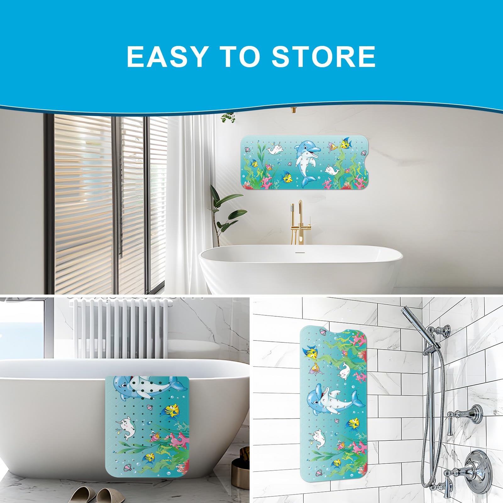 Non-Slip Baby Bath Mat for Kids - Extra Long 40x16 Inch Cartoon Bathtub Mat with Suction Cups & Drain Holes | Machine Washable Dolphin Design | Safe for Toddlers & Infants | Perfect for Bath Time, Shower Safety & Play Areas