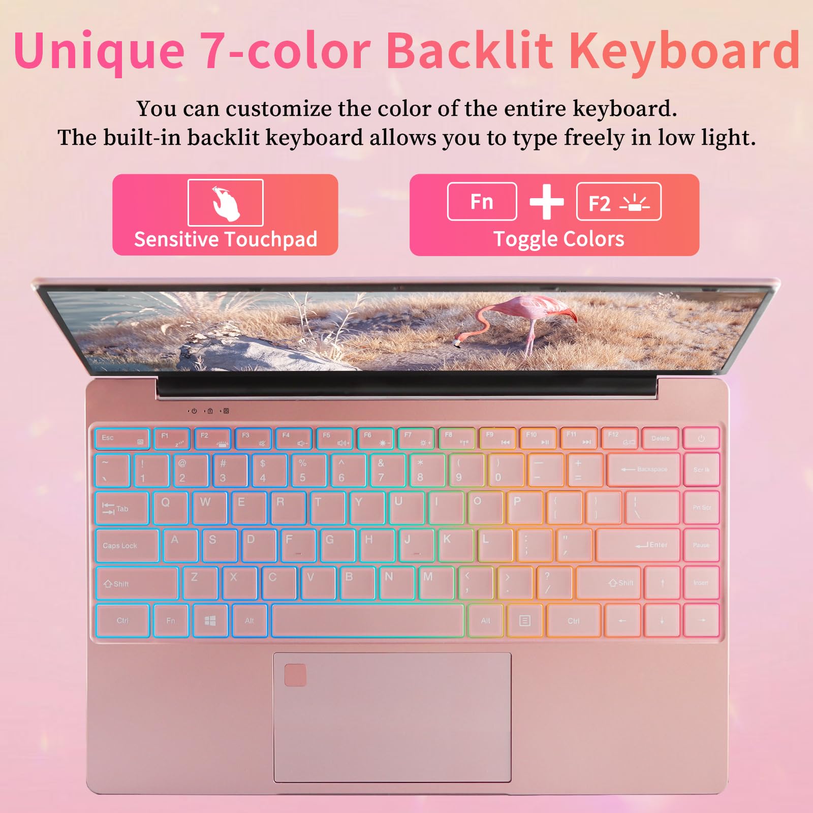 UDKED 14 Inch 2.5K Laptop - 16GB RAM, 256GB SSD, Intel N95 Processor (Up to 3.4GHz) with Colorful Backlit Keyboard, 2560×1440 IPS FHD Display, USB 3.0 x2, WiFi - Rose Gold Ultrabook | Perfect for Work, Study & Entertainment
