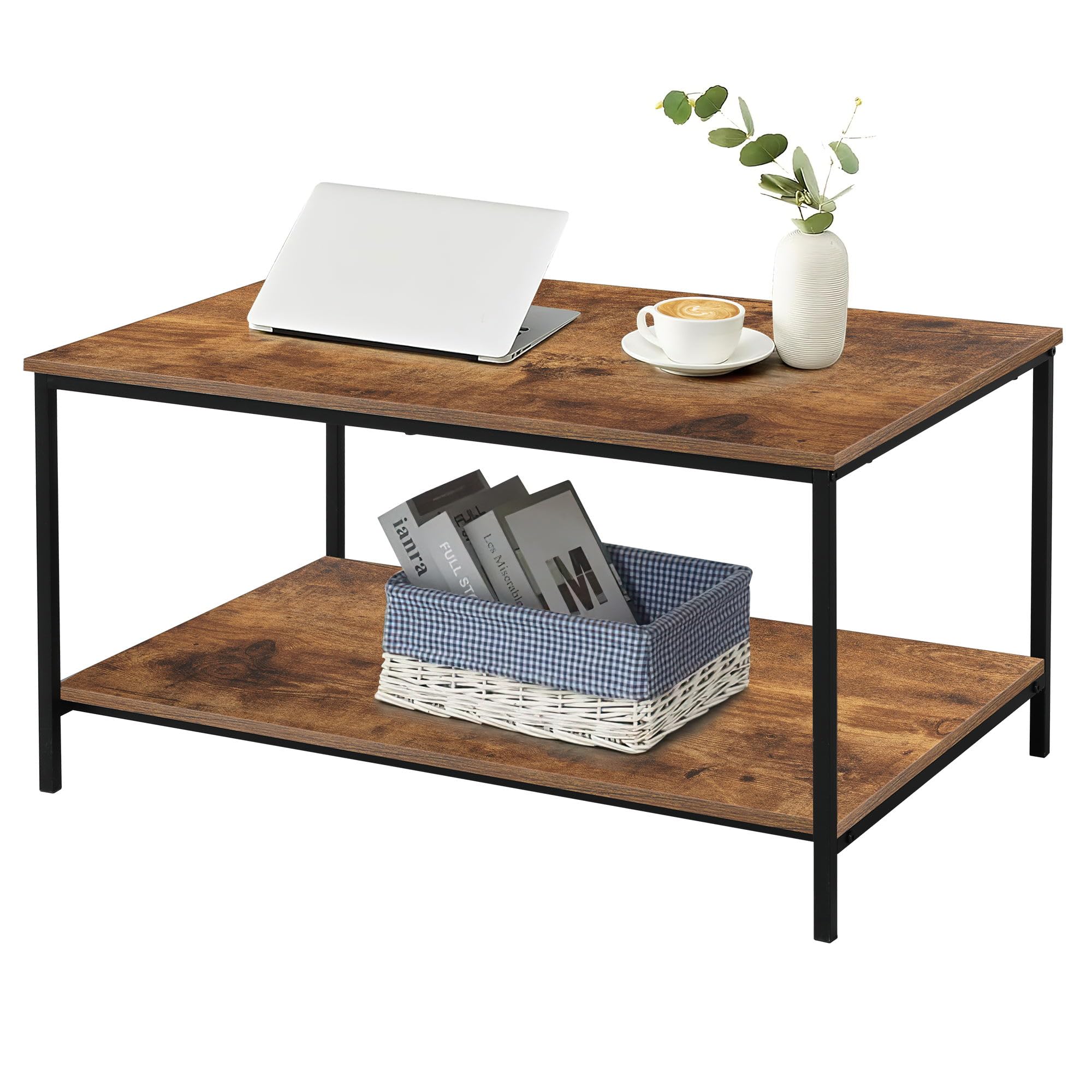 Modern Small Brown Rectangle Wood & Metal Coffee Table with Storage Shelf - Compact Living Room Furniture for Apartments, Dorms & Small Spaces