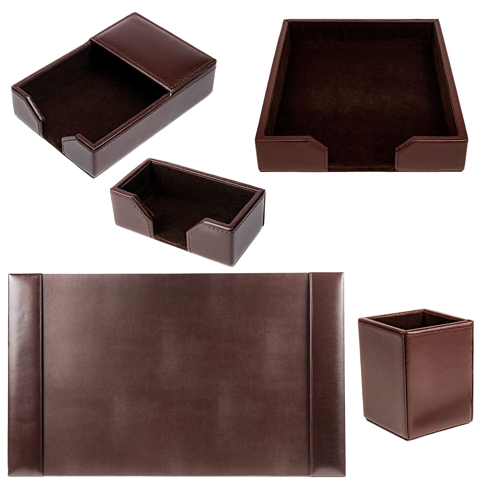 Premium Dacasso Bonded Leather Desk Set - 5-Piece Dark Brown Office Organizer with Leather Desk Pad, Pen Holder & Accessories - Perfect for Executive Desks, Home Offices & Professional Workspaces