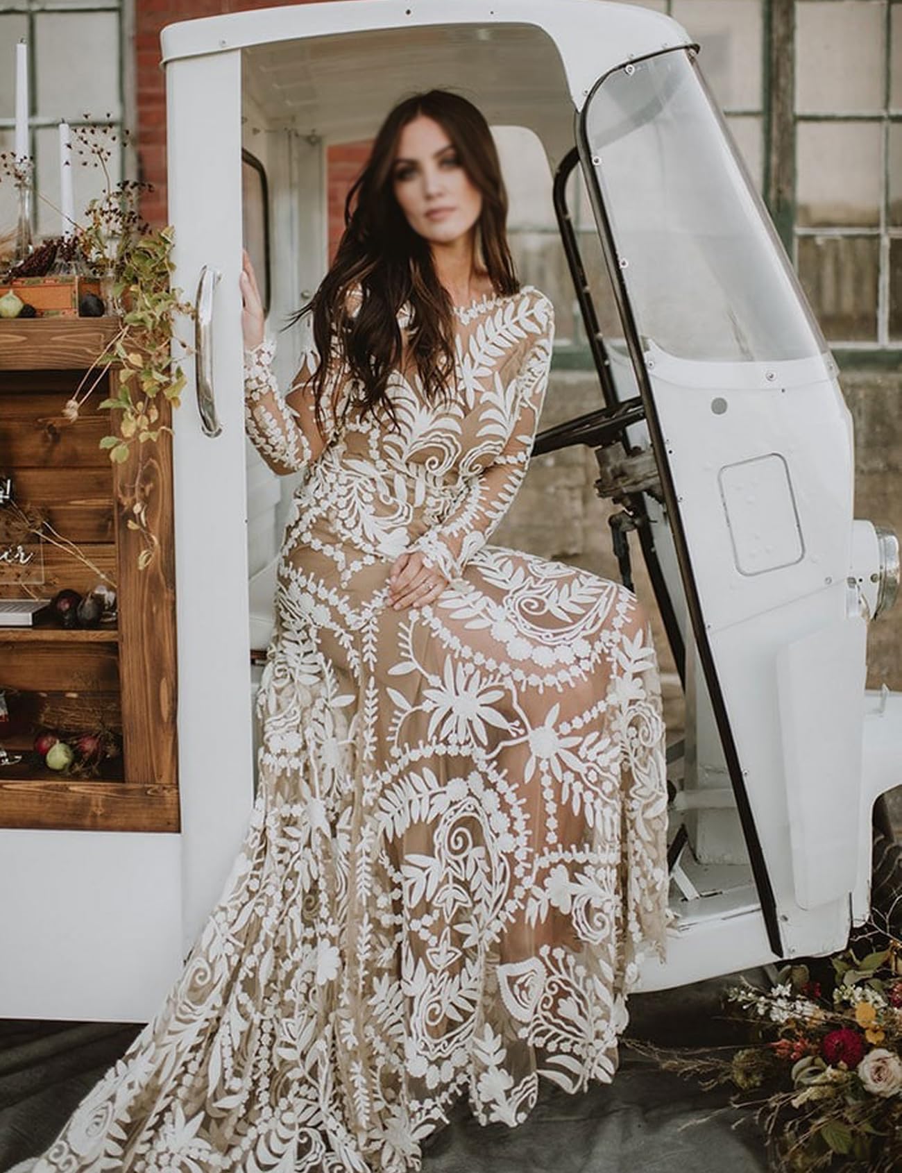 Elegant Western Wedding Dress with Train - 2 Piece Long Sleeve Floral Lace Sheath Bridal Gown for Country Bride | Perfect for Rustic, Boho, and Outdoor Weddings