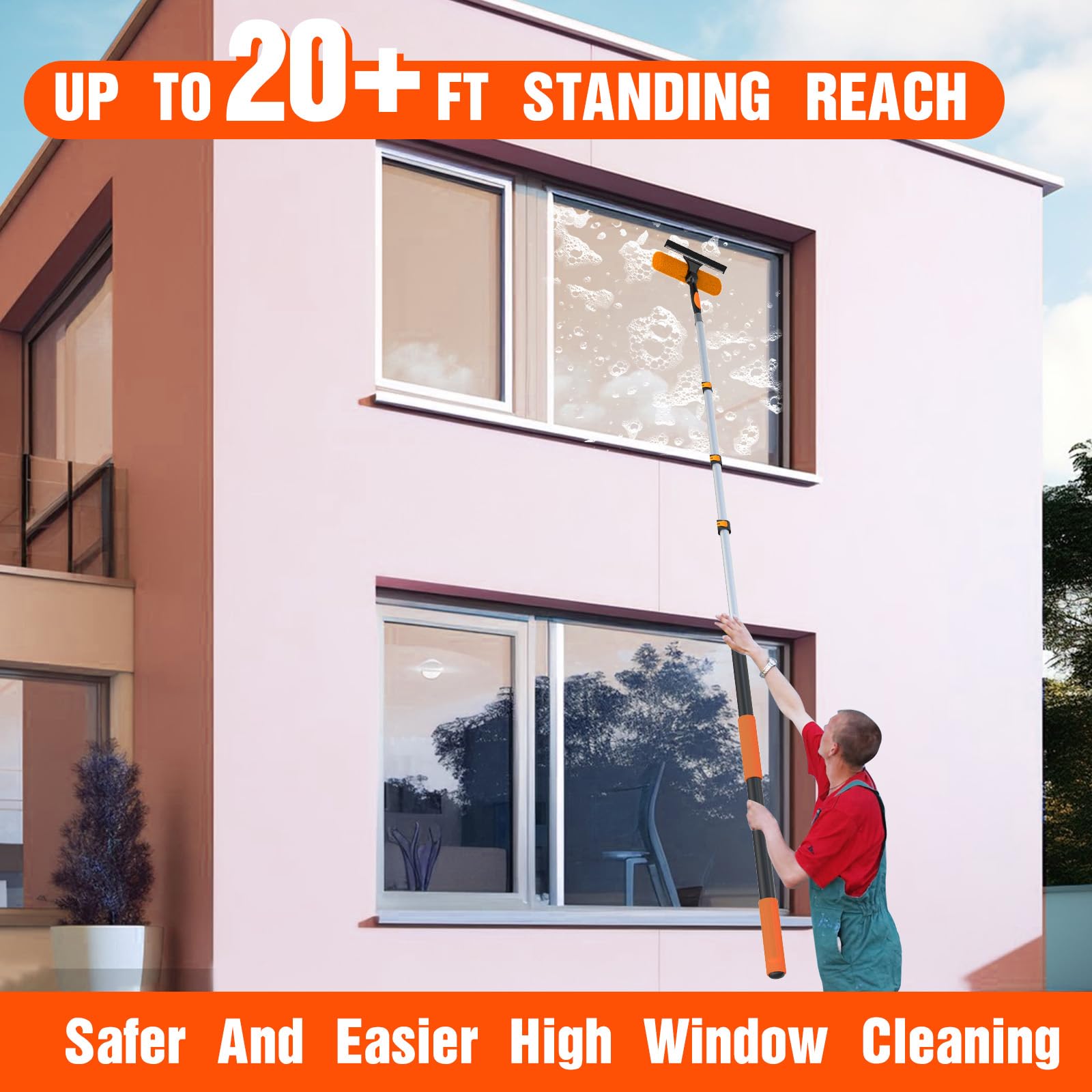 26FT Window Squeegee with Extension Pole - 2-in-1 Professional Window Cleaning Kit with 20FT Telescoping Pole for Indoor & Outdoor Use - Perfect for Home, Office, and Commercial Window Washing