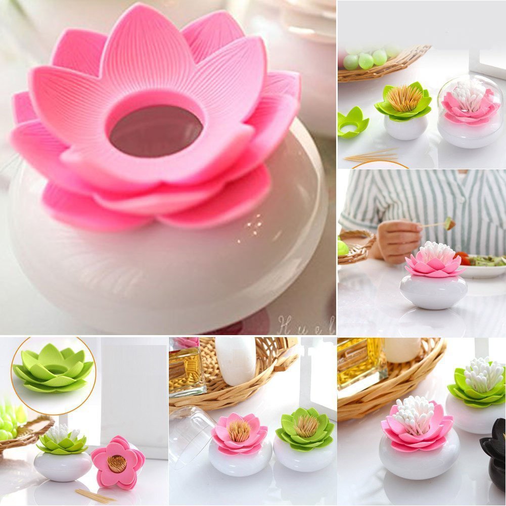 3-Piece Lotus Cotton Swab Holder Set with Clear Dustproof Lid - Q-Tips, Toothpicks & Makeup Brush Organizer (Green, Pink, White) - Perfect for Bathroom Counter, Vanity & Travel Storage