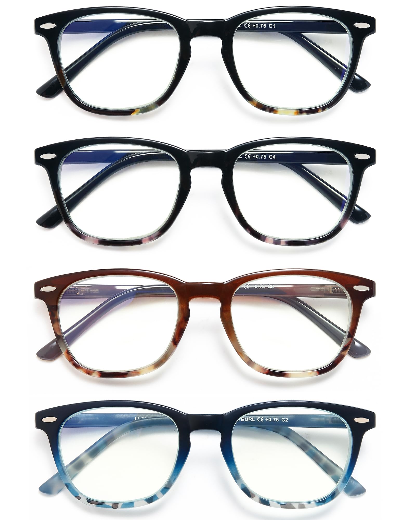 Blue Light Blocking Reading Glasses for Women & Men - 4 Pack Round Computer Glasses with Anti-Glare Lenses - Perfect for Office Work, Screen Time & Digital Eye Strain Relief