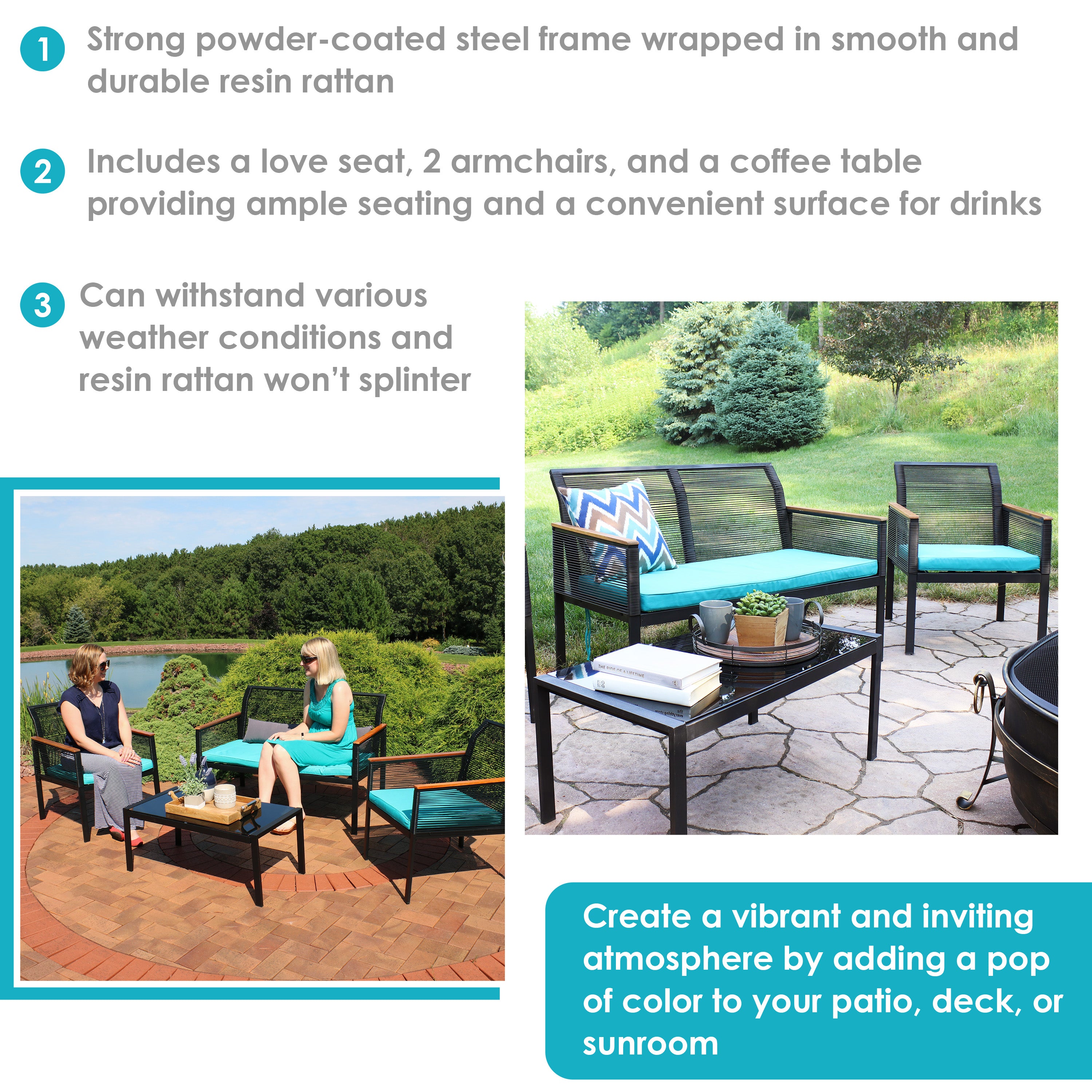 Sunnydaze Coachford 4-Piece Resin Rattan Patio Furniture Set for Outdoor Living - Perfect for Backyard, Garden, Poolside & Deck Relaxation