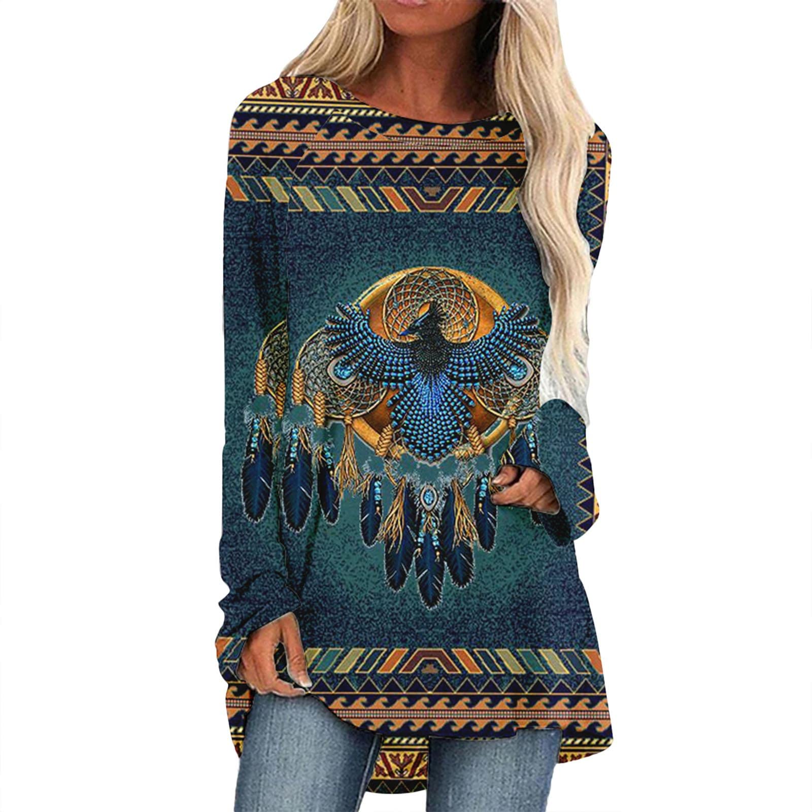 Plus Size Women's Crew Neck Long Sleeve T-Shirt - Ethnic Print Blouse for Casual & Dressy Wear | Daily Going Out & Office Tops | Comfortable & Stylish Long Tops for Work & Social Events