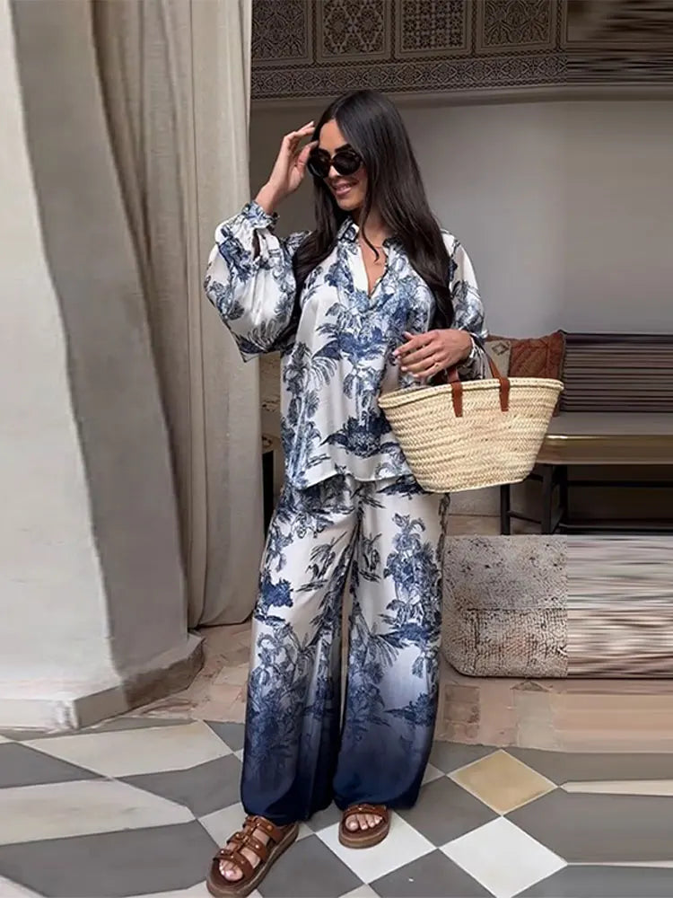 Women's 2-Piece Sequin Shirt & Wide Leg Pants Set - Fashion Print Loose Lapel Long Sleeve Top Elegant Outfit for Party, Dinner & Special Occasions