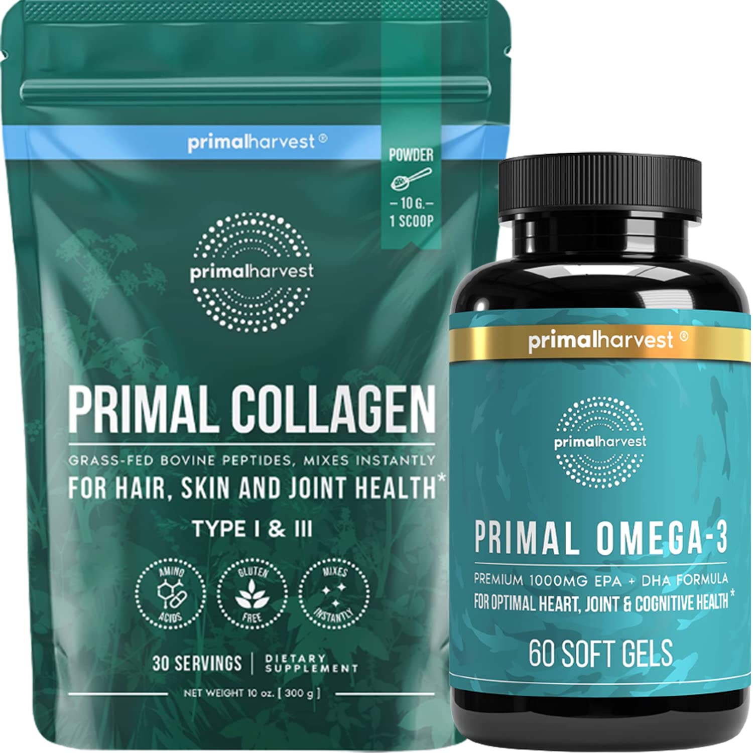 Primal Harvest Omega 3 & Collagen Peptides Powder Supplement for Women & Men - Supports Hair Growth, Skin Health & Strong Nails - Perfect for Daily Wellness Routine & Beauty Enhancement