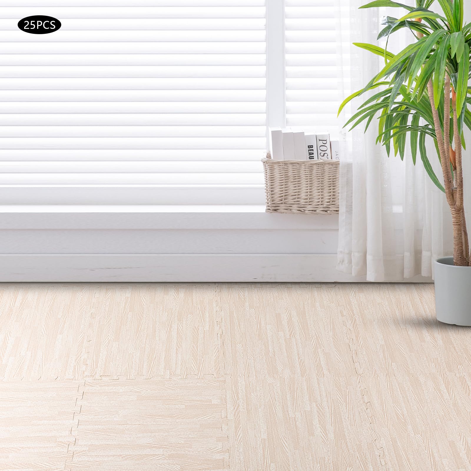 Premium 3/8 Inch Thick Wood Grain Foam Floor Tiles - 25-Piece Interlocking Foam Mats for Playroom, Gym & Home Office - Non-Slip Puzzle Mat (24