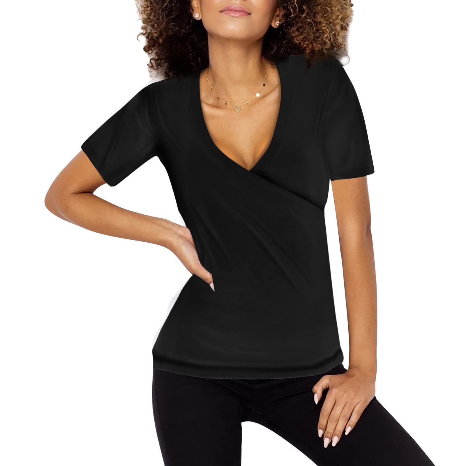 Women's Oversized Graphic T-Shirt - Casual Short Sleeve Slim Fit V-Neck Summer Tee (Black, Large) | Perfect for Streetwear, Lounge Wear & Summer Outfits