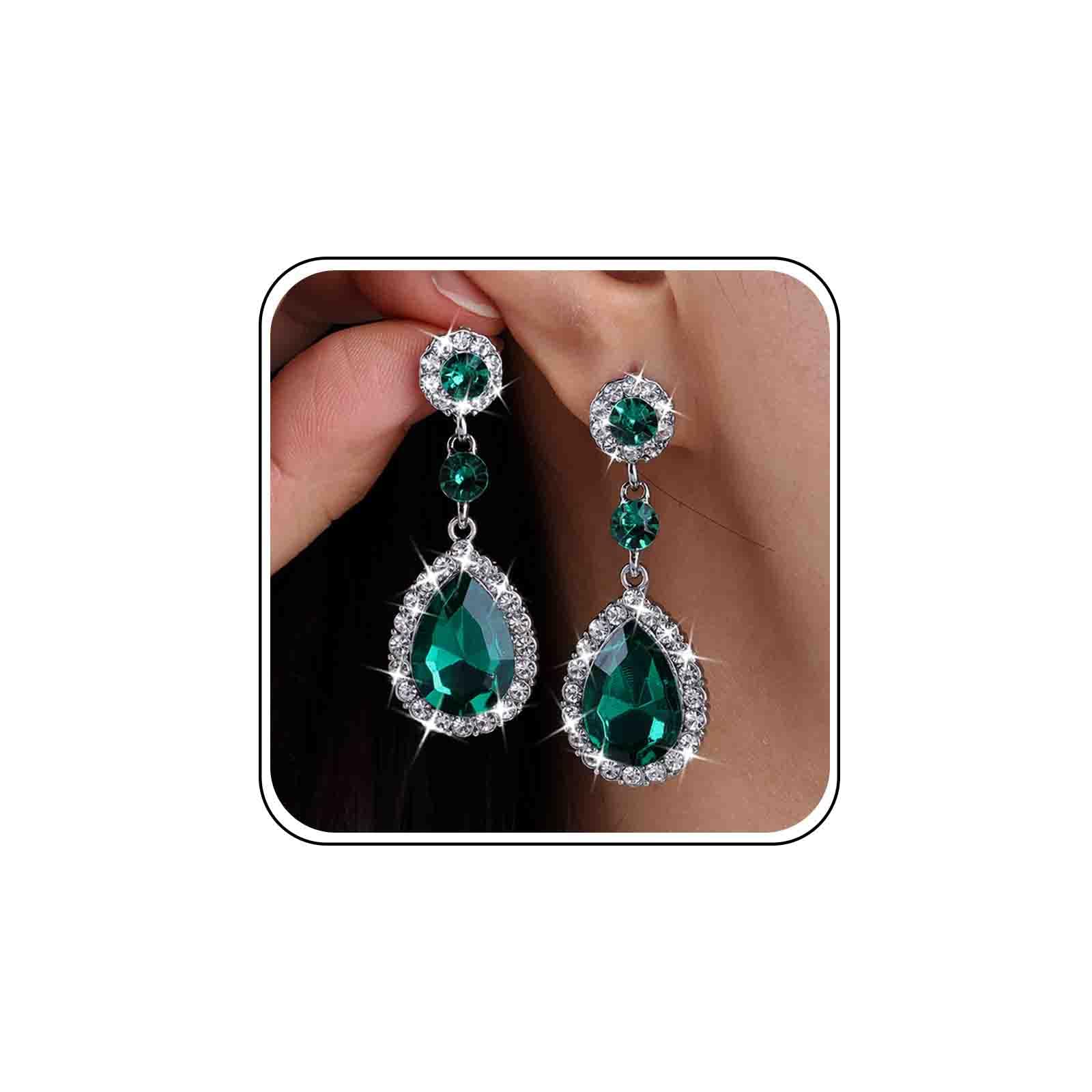 Sparkling Rhinestone Dangle Earrings for Women - Silver CZ Teardrop Drop Crystal Earrings in Emerald Green, Sapphire Blue & Ruby Red | Bridal Wedding Jewelry, Party Accessories & Evening Wear