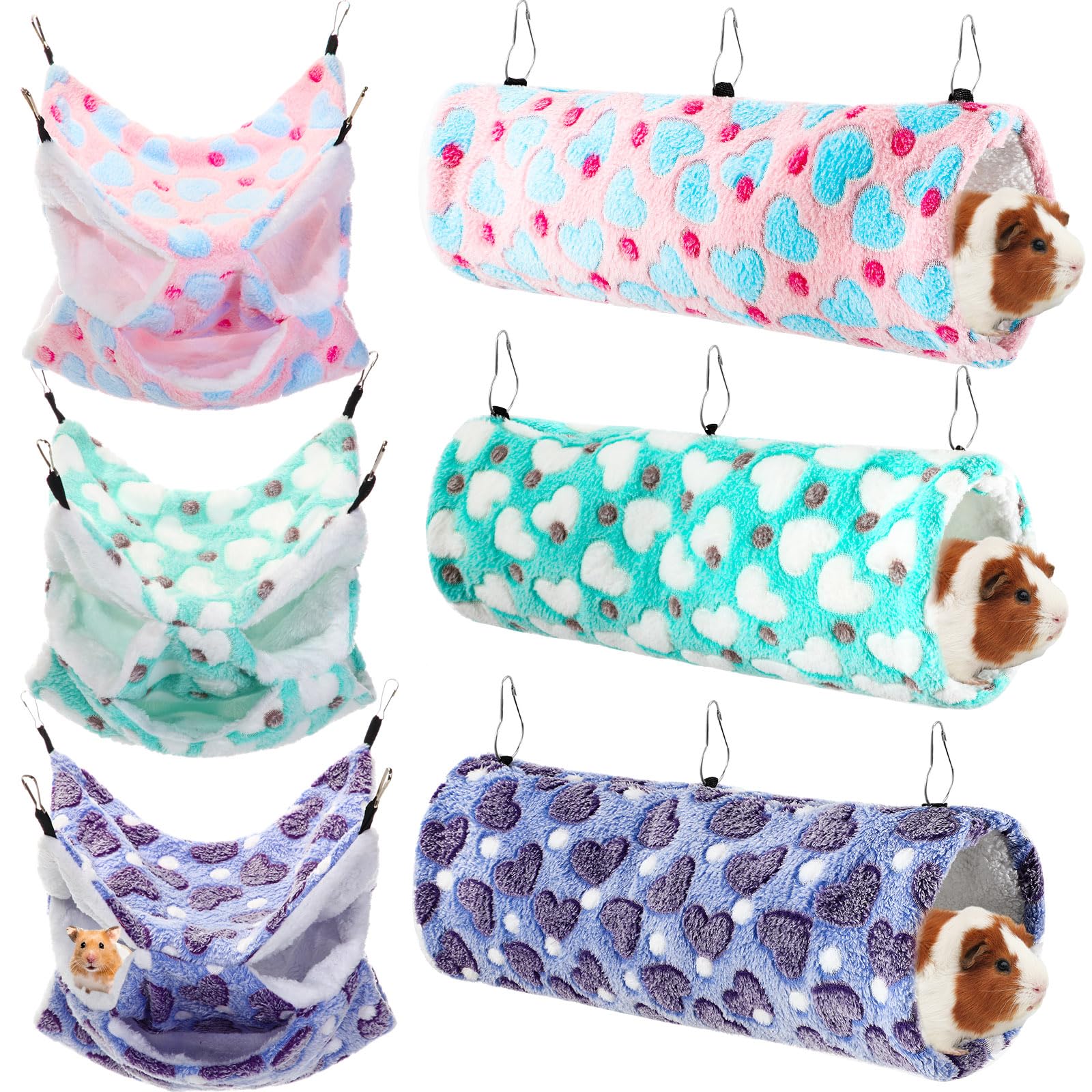 Sweetude 6-Piece Rat Hammocks Set - Ferret Hanging Tunnel & Sugar Glider Toy - Small Animal Hideout Bed for Cage - Guinea Pig & Hamster Accessories - Cozy Pet Bed for Rats, Ferrets, Guinea Pigs (Lovely Design) - Perfect for Small Animal Playtime & Cage Enrichment