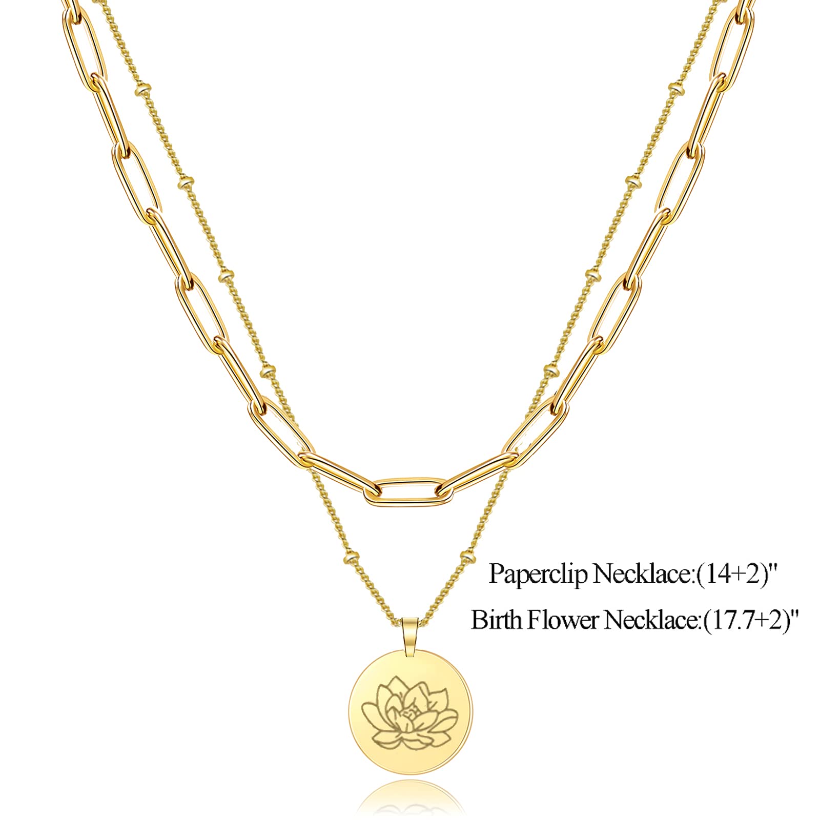 Birth Month Flower Necklace - Gold Layered Paperclip Link Chain Necklace for Women, Daffodil Necklace, March Birth Flower Jewelry - Perfect Birthday Gift for Her, Mother's Day Present, Anniversary Keepsake