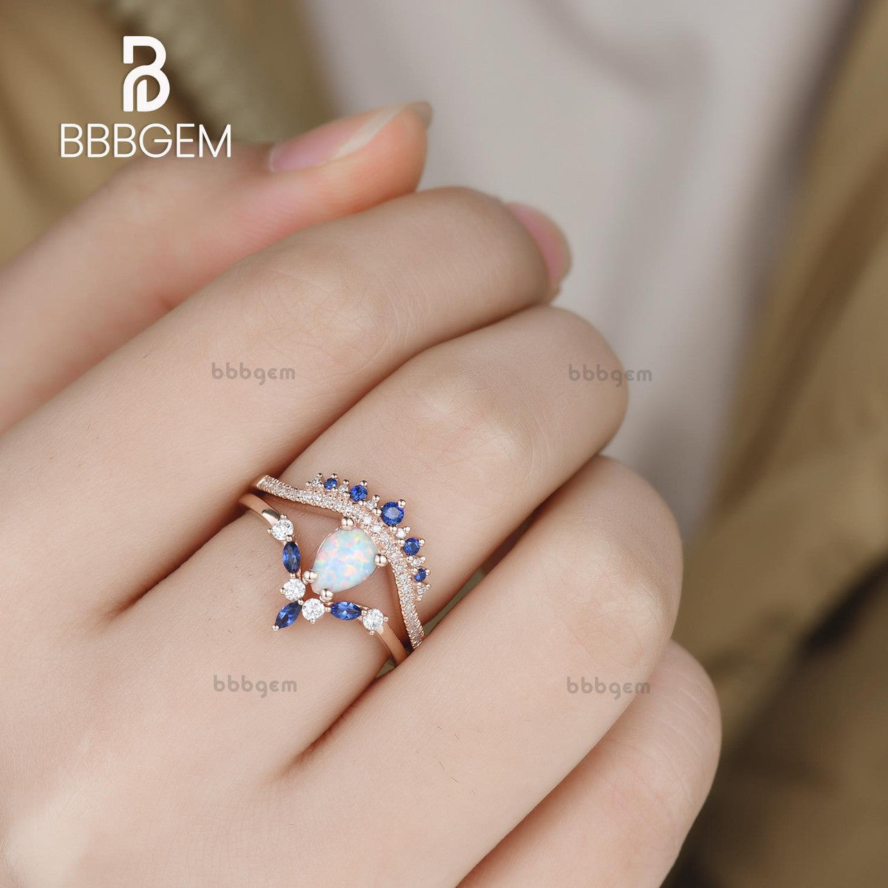 Pear Shaped Opal Engagement Ring with Diamond Accents & Blue Sapphire Wedding Band - Stackable Bridal Set for Proposal, Anniversary & Special Occasions