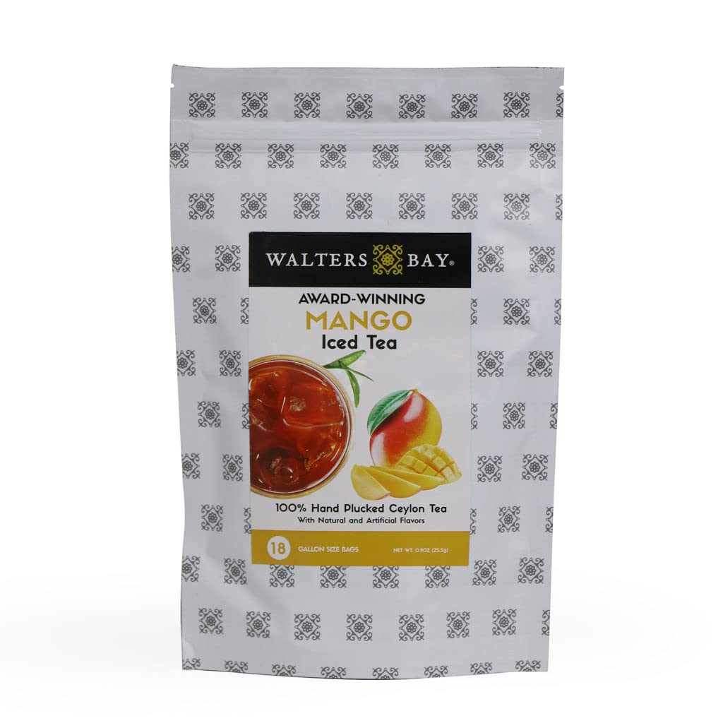 Walters Bay Mango Iced Tea Bags - 18 Count Gallon-Sized Ceylon Black Tea | Unsweetened, 100% Hand-Plucked, Luscious Mango Flavor | Perfect for Summer Parties, Office Refreshments & Healthy Beverage Alternatives