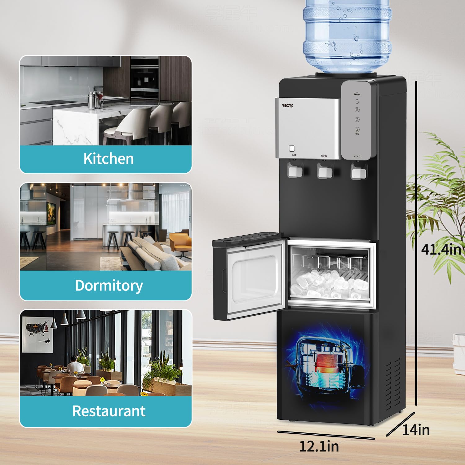 VECYS 27LBS Daily Ice Maker Water Dispenser Cooler with Hot & Cold Water, Child Safety Lock, Compatible with 3/5 Gallon Bottles - Perfect for Home, Office, Kitchen & Parties