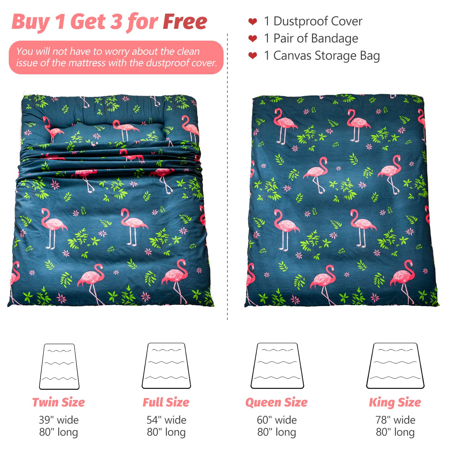 MAXYOYO Flamingo Japanese Floor Futon Mattress - Memory Foam Foldable Guest Bed for Small Spaces | Perfect for Apartments, Dorms & Sleepovers