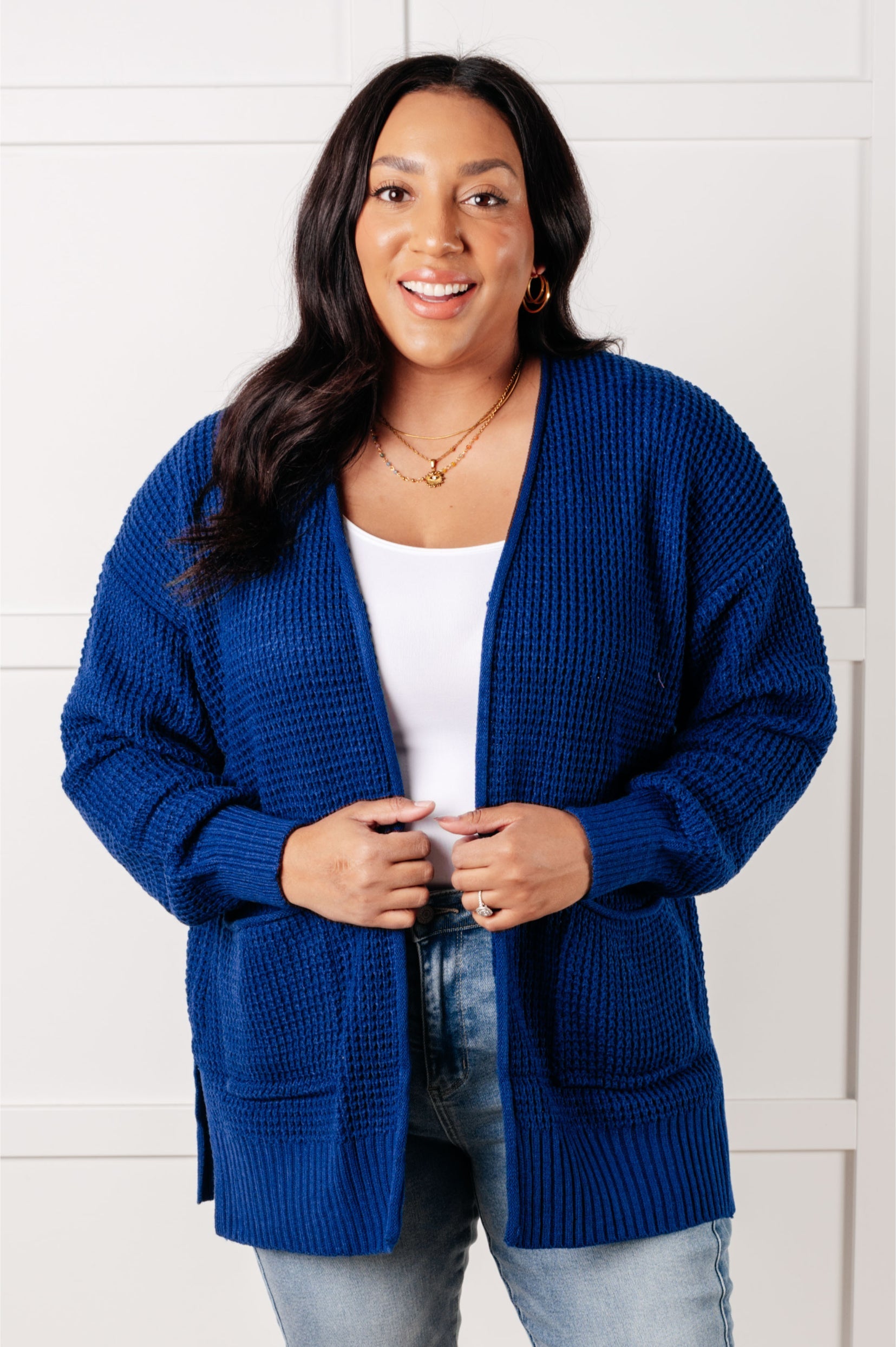 Light Navy Waffle Knit Open Front Cardigan for Women - Cozy Long Sleeve Loose Fit Sweater - Perfect for Fall Layering, Casual Outfits & Lounge Wear