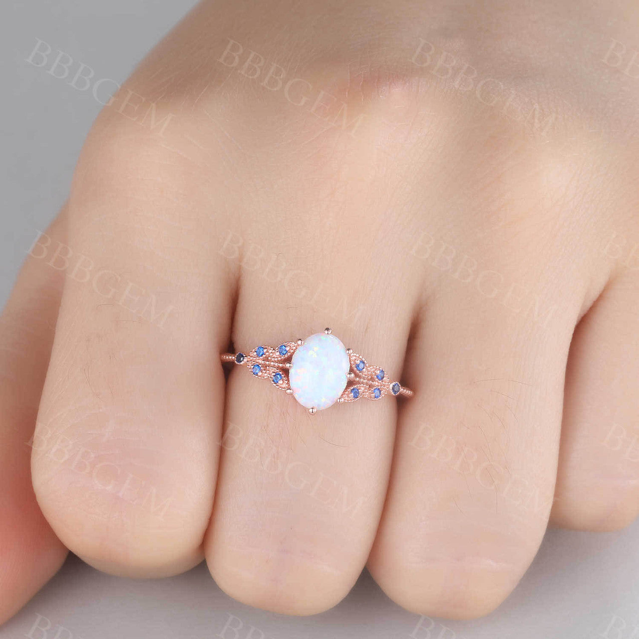 14K Solid Rose Gold Oval White Opal Engagement Ring with Sapphire Accents - Perfect Promise Ring for Weddings, Anniversaries & Romantic Gifts