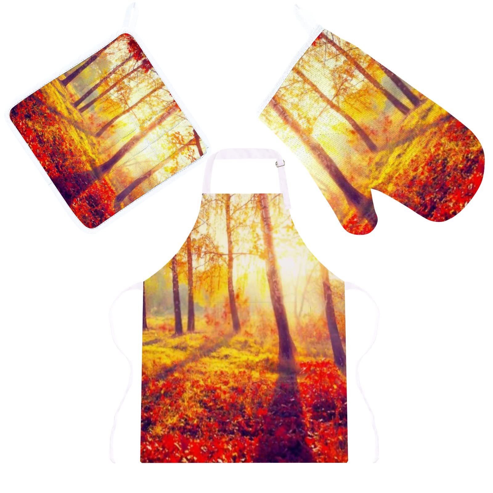 Premium Kitchen Apron Set with Pocket & Heat-Resistant Gloves - Autumn Park Trees Leaves Red Design - 3-Piece Polyester Cooking Apron, Oven Mitt & Potholder Set - Machine Washable & Non-Slip - Perfect for Baking, Grilling & Holiday Cooking