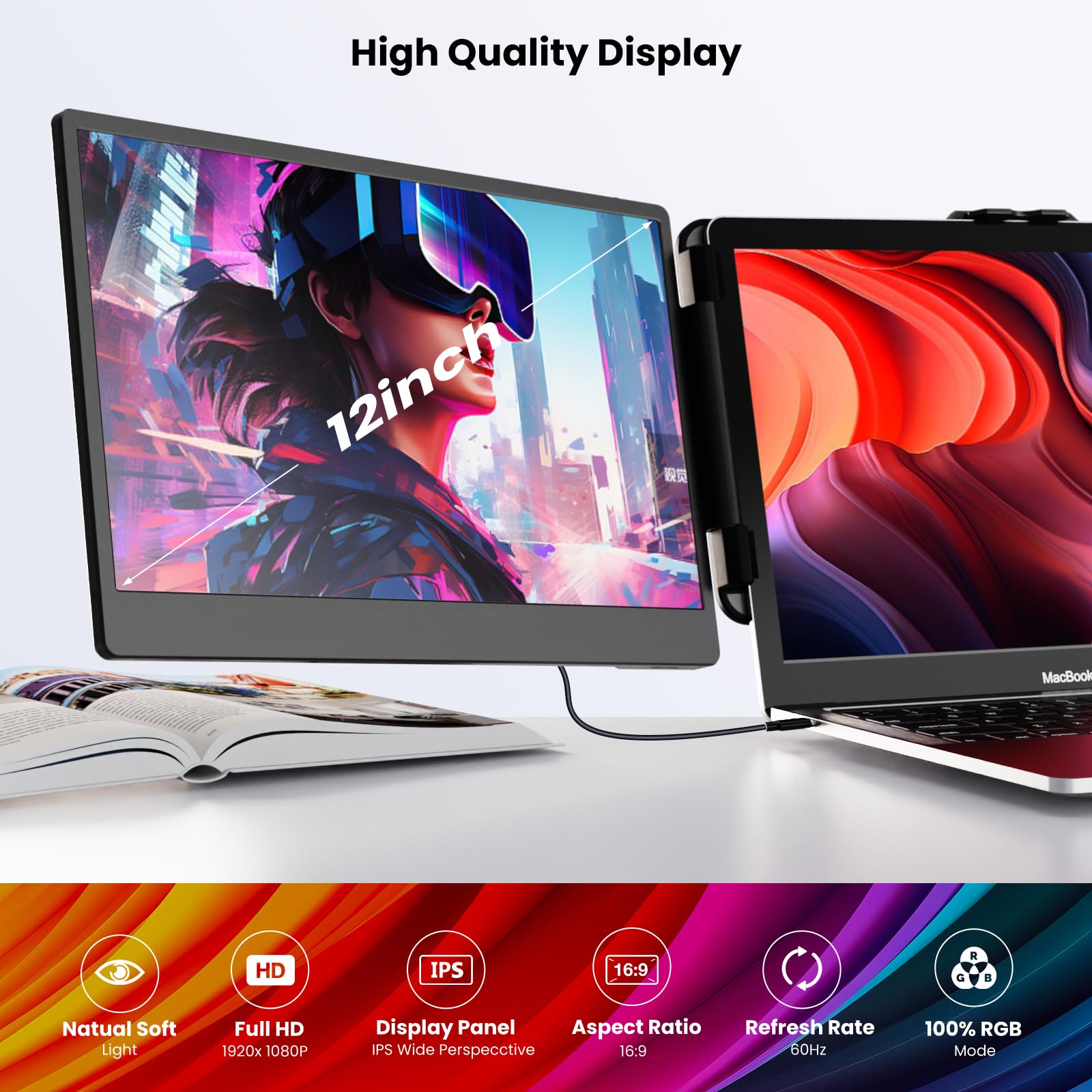 12'' Triple Screen Extender - Ultra Slim 1080P FHD IPS Portable Monitor with Stand for Laptop, Compatible with Mac Windows Linux Switch PS4/5 - Perfect for Gaming, Coding & Multitasking