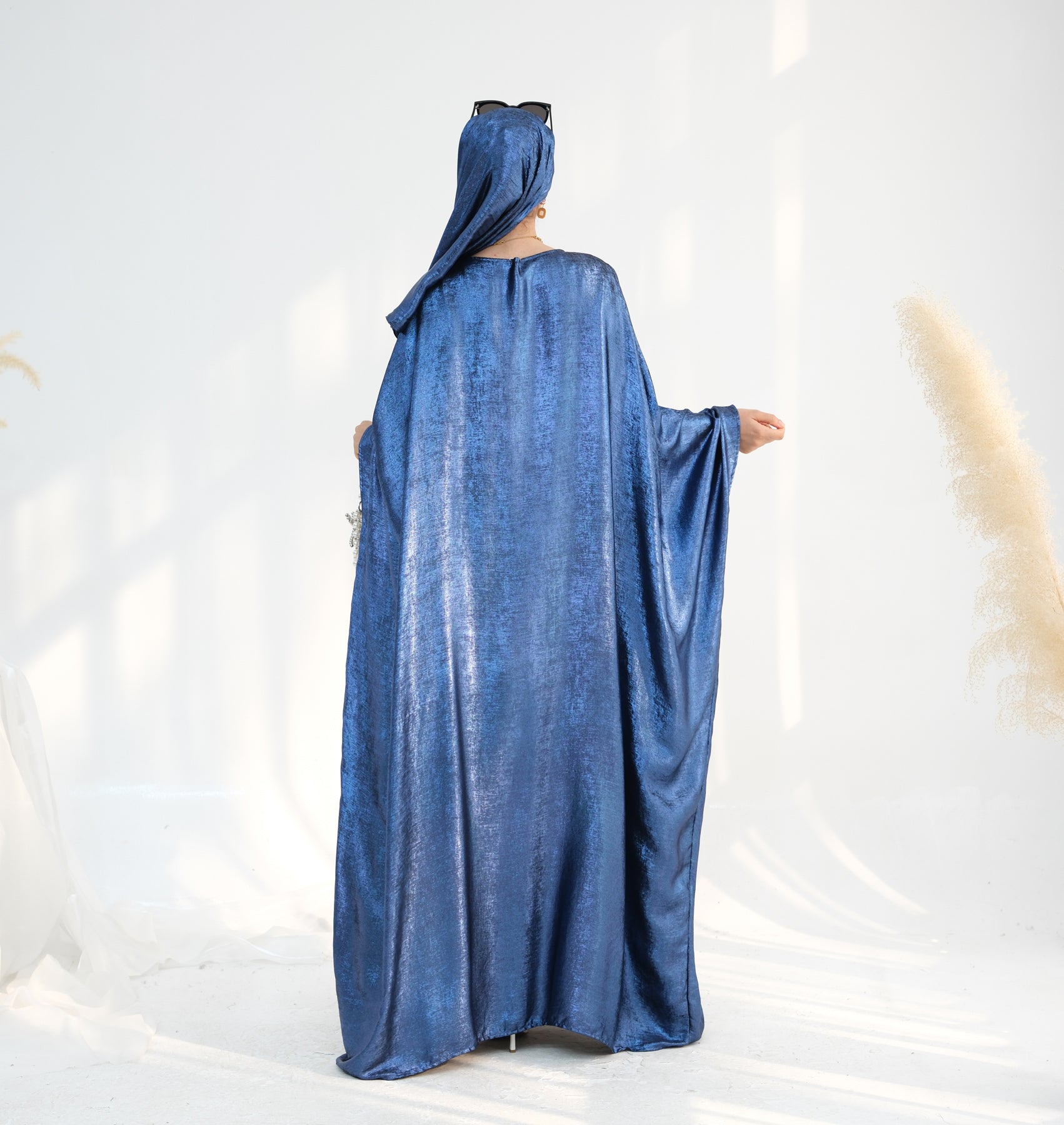 Linora Shimmer Butterfly Abaya Dress for Women - Elegant Blue Islamic Prayer Gown for Mosque, Eid, and Special Occasions