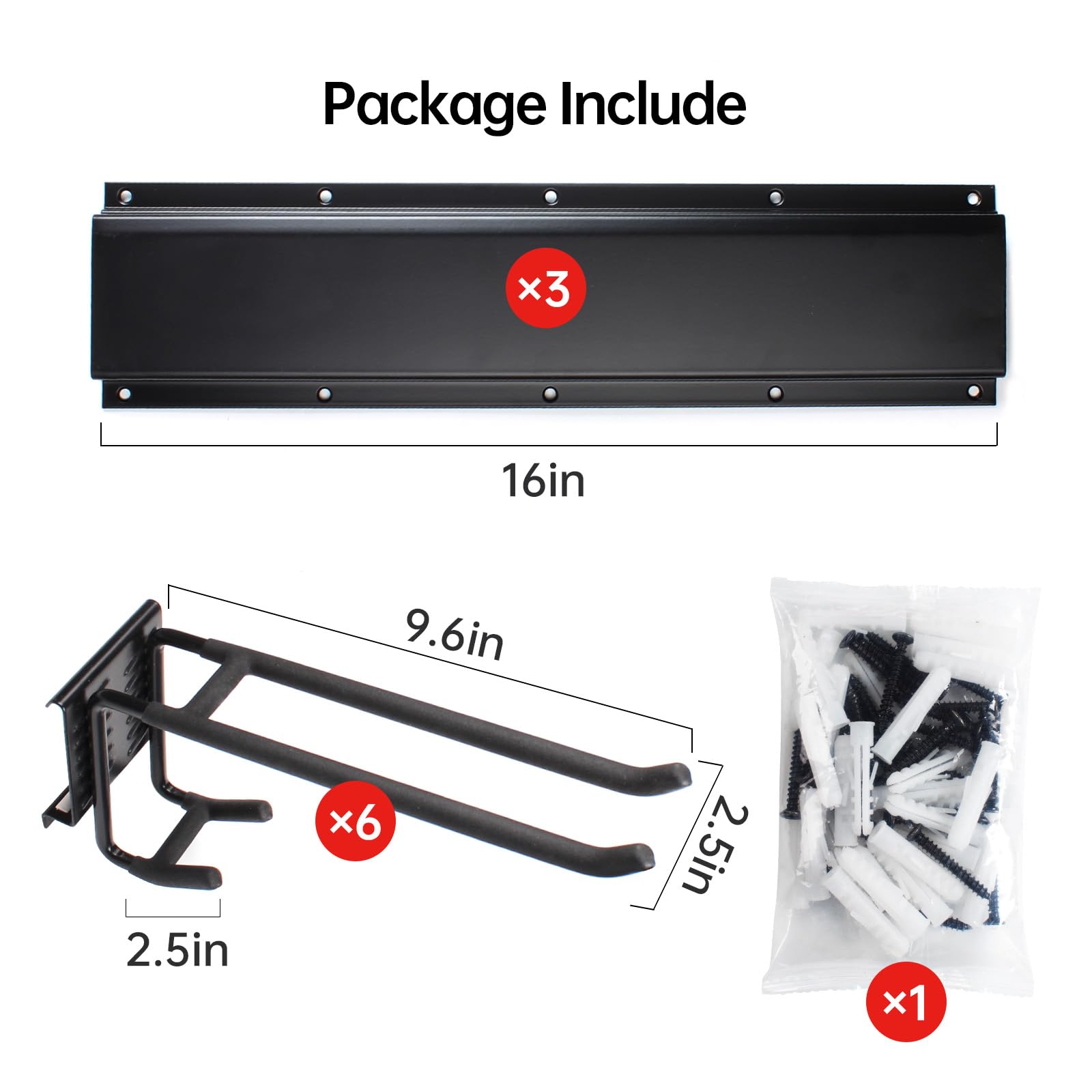 NOEAIKE 48-Inch Heavy Duty Garage Storage Rack Hooks - Wall Mount Organizer with 3 Rails & 6 Adjustable Double Hooks - Perfect for Garage, Shed, or Workshop Organization - Holds Garden Tools, Brooms, Mops, Ladders & More (Black)