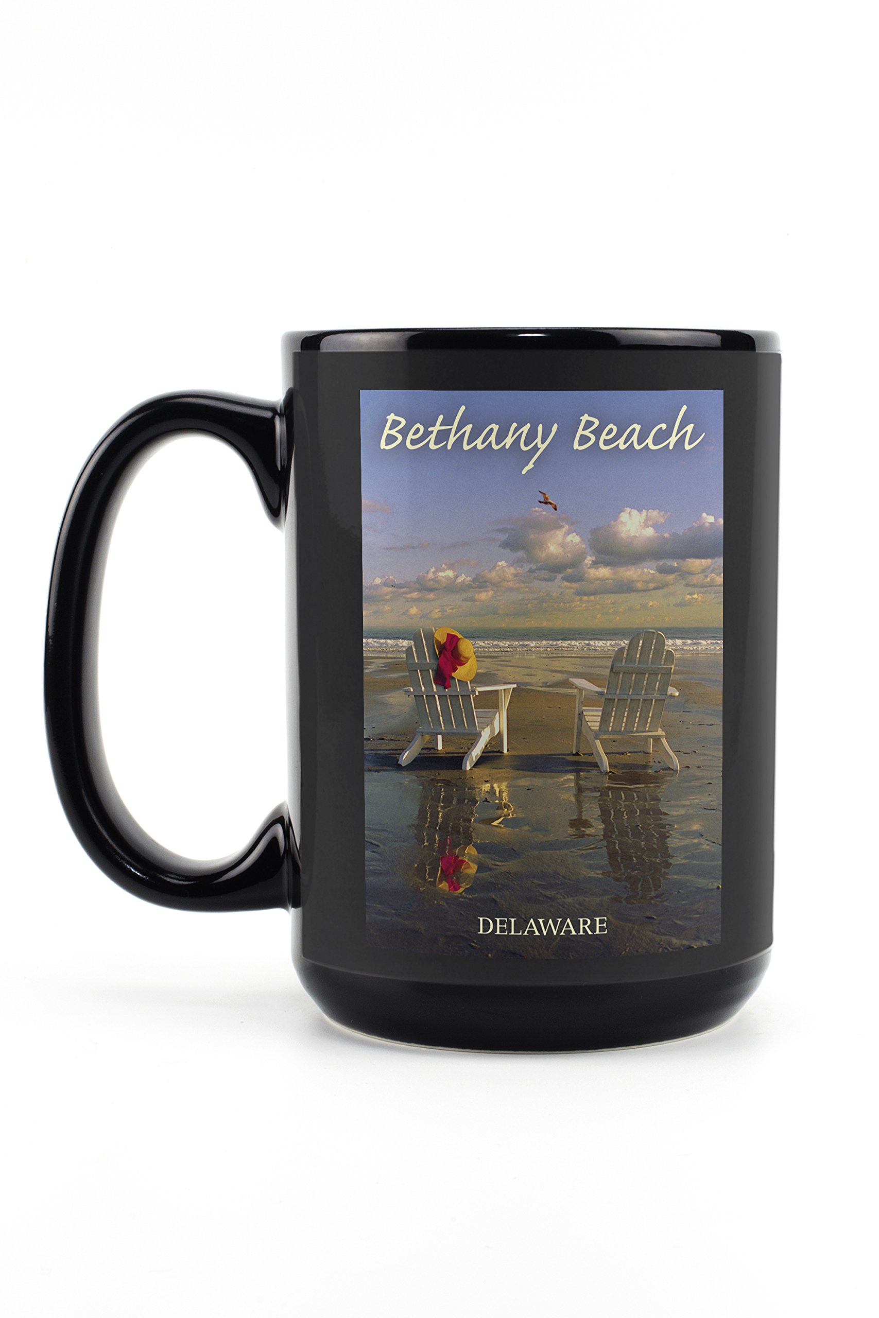 Lantern Press Bethany Beach Delaware Adirondack Chairs on Beach - 15oz Black Ceramic Coffee Mug & Tea Cup, Dishwasher Safe, Microwave Safe - Perfect for Beach Lovers, Home Decor, Office Use & Gift Giving