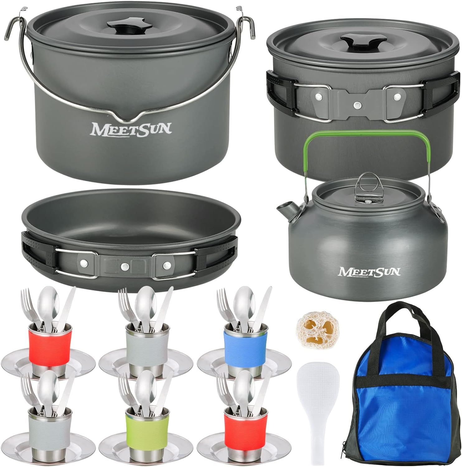 MEETSUN 37-Piece Camping Cookware Set with Hanging Pot, Pots & Pans for 6 People - Complete Outdoor Cooking Kit with Cups, Dishes, Forks, Spoons & Knives - Perfect for Camping, Hiking, Picnics and Outdoor Adventures