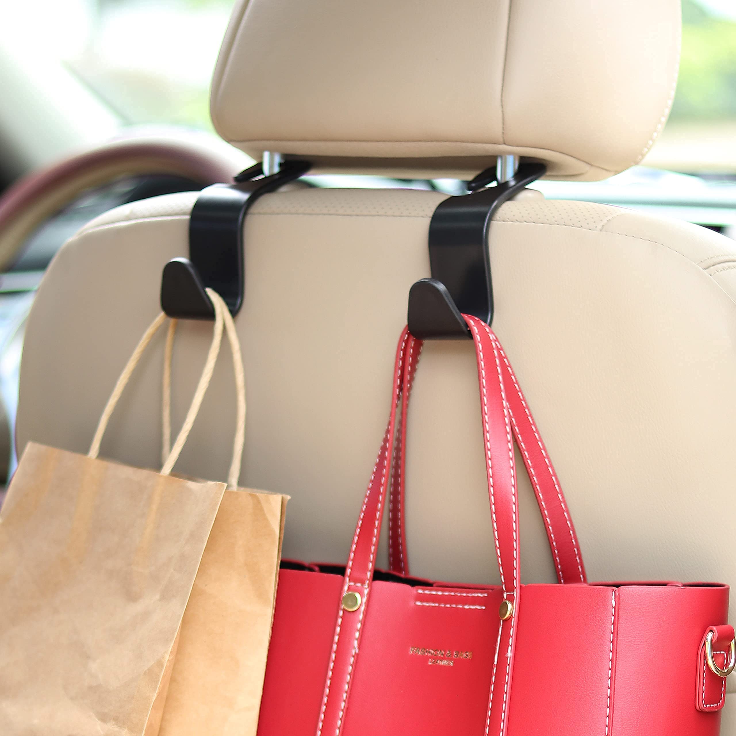 Qing Ying 4 Pack Black Car Seat Headrest Hooks - Durable Back Seat Organizer Hanger for Purse, Handbag, Clothes, Coats & Grocery Bags - Perfect for Road Trips, Commuting & Family Outings