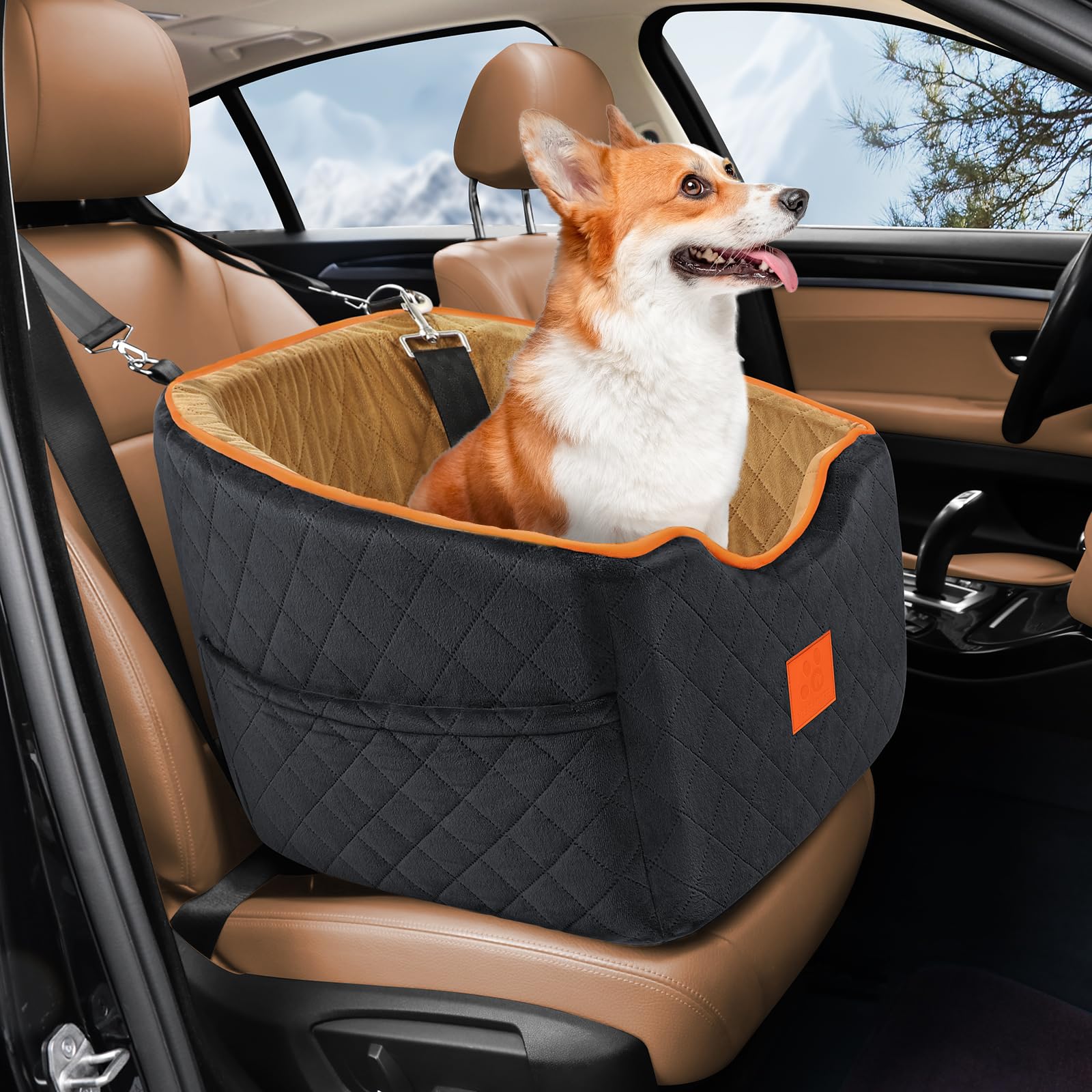 Small Dog Car Seat with Memory Foam - 35 lbs Pet Booster Seat | Washable Cover & Storage Pockets | Perfect for Car Travel & Road Trips with Your Puppy