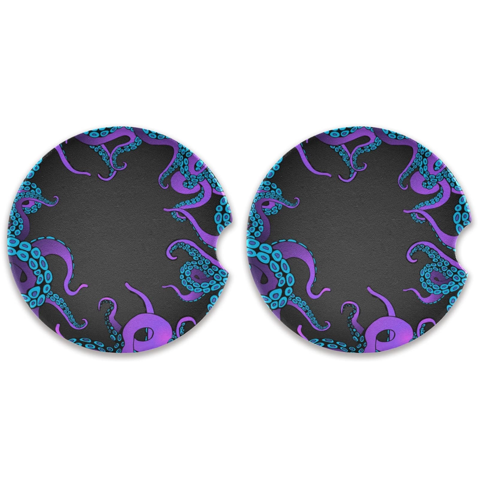2 Pack Absorbent Ceramic Car Cup Holder Coasters - Cute Cartoon Octopus Design with Fingertip Grip (2.5 Inch) - Perfect for Coffee, Soda & Drinks in Car, Office or Home Use