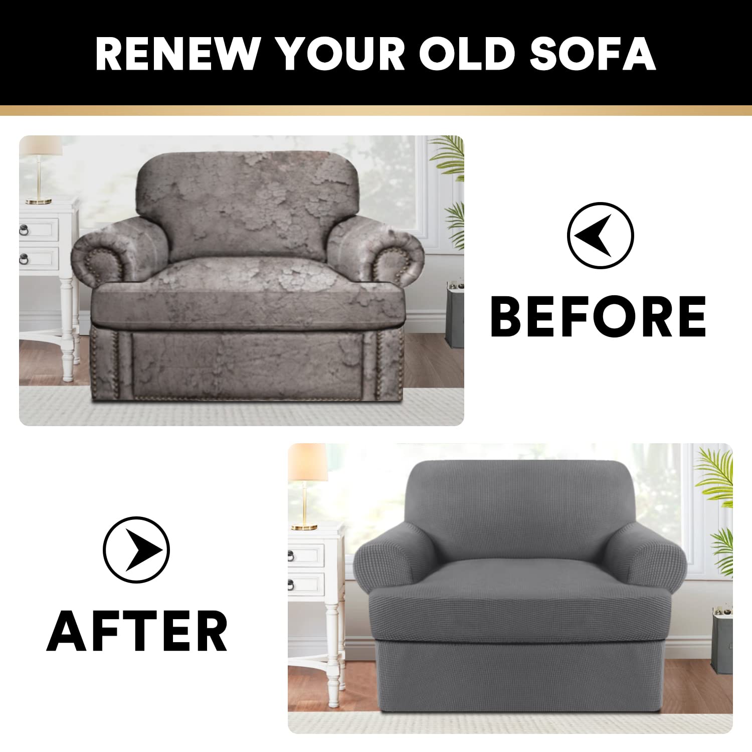 PrinceDeco 2-Piece Stretch Armchair Slipcover Set with T-Cushion Cover - Soft, Machine Washable Furniture Protector for Living Room, Gray - Perfect for Sofas, Recliners & Accent Chairs
