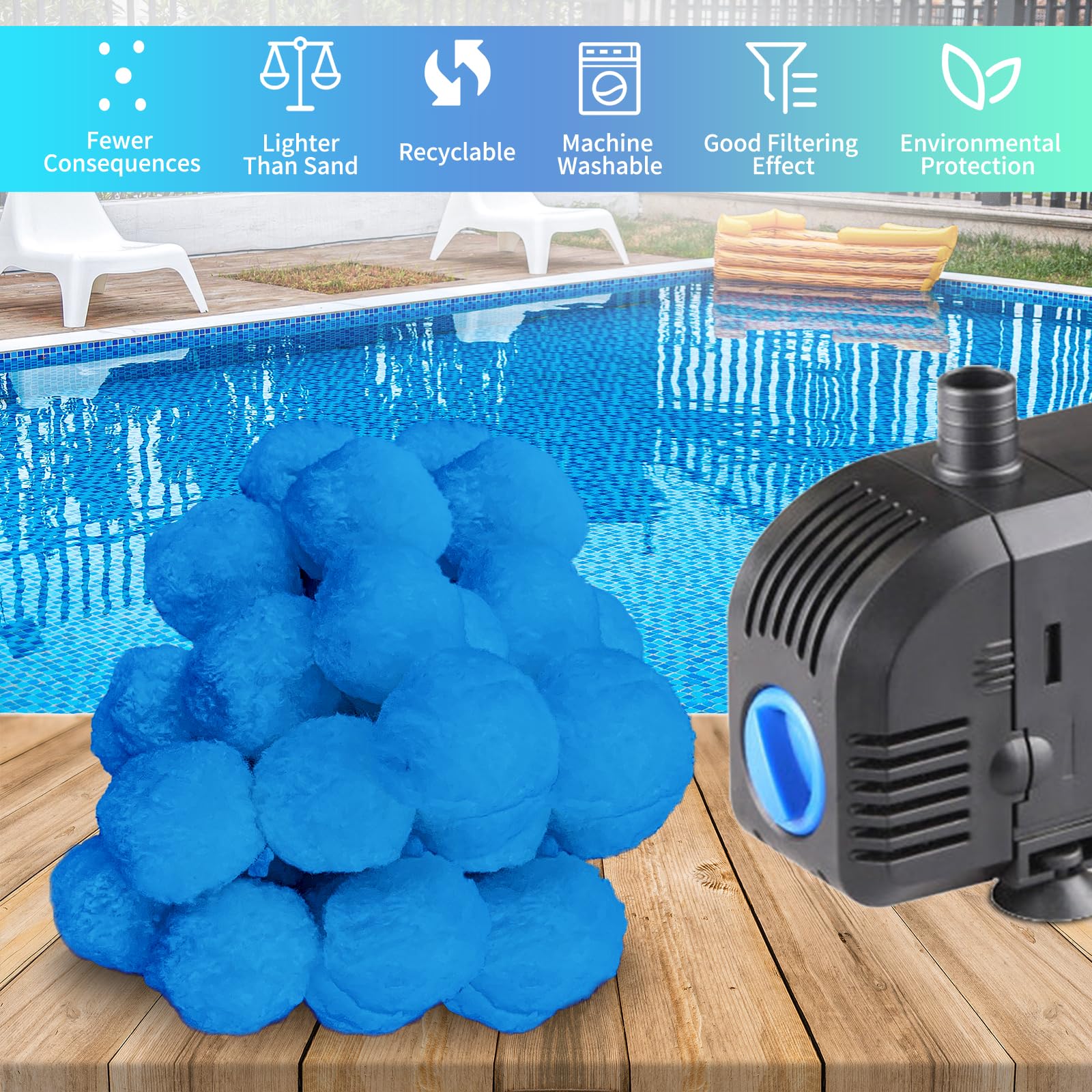 4.6 lbs Eco-Friendly Fiber Pool Filter Balls - Sand Filter Replacement for Above Ground Pools, Reusable Filter Media (Equivalent to 150 lbs Sand) - Perfect for Backyard, Inground & Above Ground Pool Maintenance