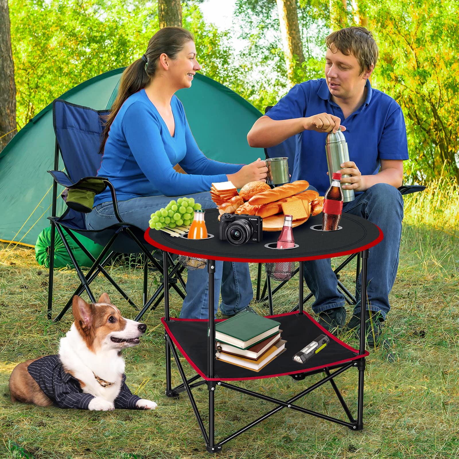 Portable Folding Camping Table with 4 Cup Holders & Carry Bag - Lightweight Collapsible Outdoor Picnic Table for Beach, BBQ, Garden, Travel & Patio - Compact Canvas Camp Table (Red) - Perfect for Camping Trips, Backyard Parties & Outdoor Adventures