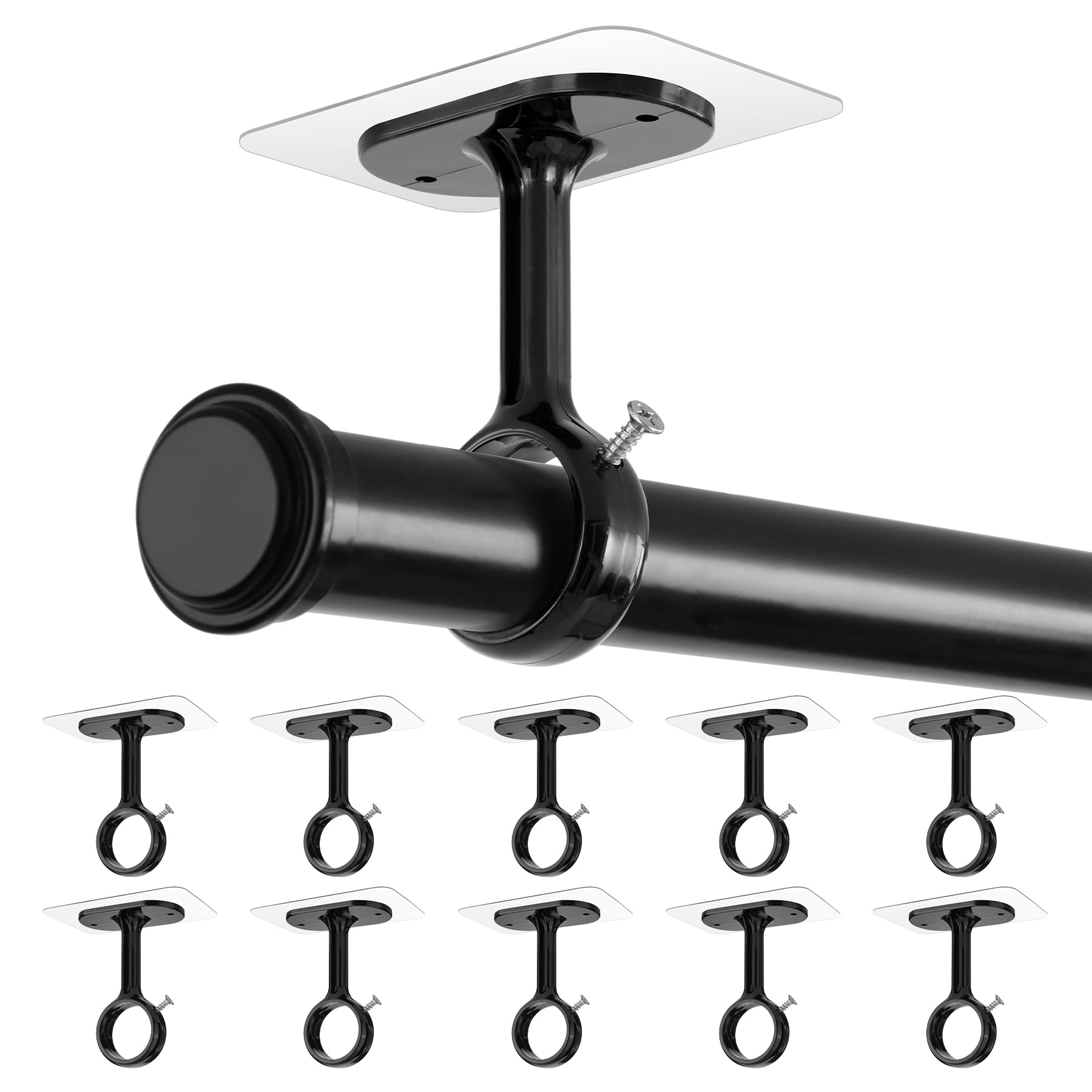 No-Drill Self-Adhesive Curtain Rod Brackets (10 Pack) - Black Adjustable Ceiling Mount Hooks for 1.2