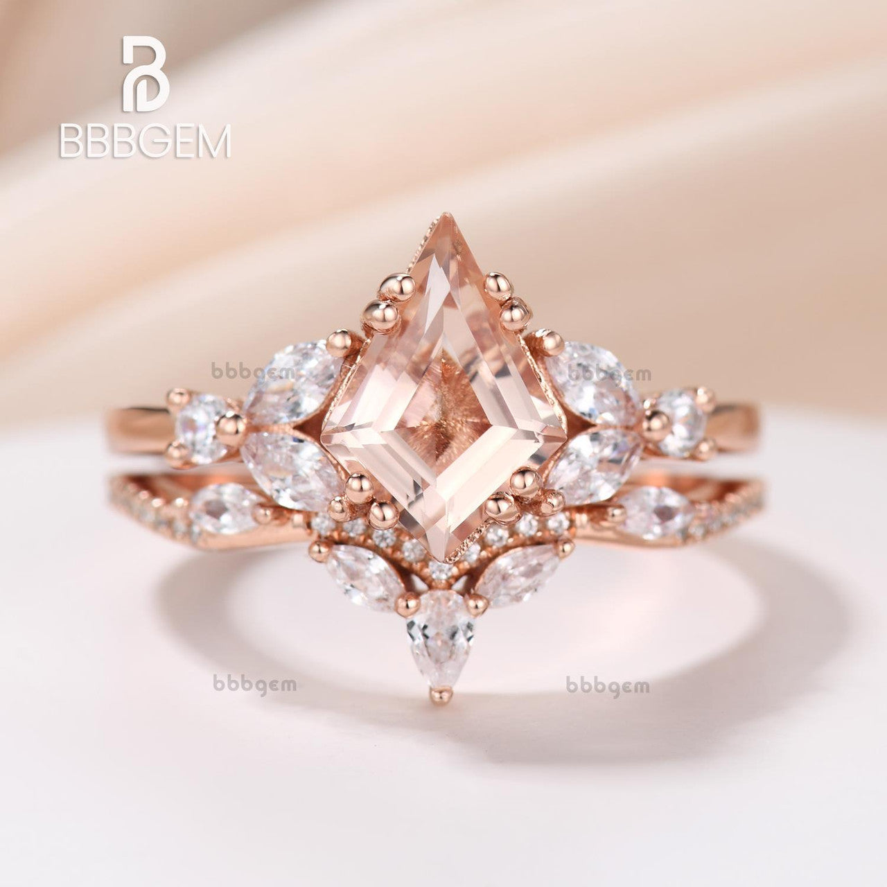 18K Rose Gold Morganite Wedding Ring Set - Kite Shape Peach Morganite Bridal Ring for Women | Perfect for Engagement, Proposal & Anniversary Gifts