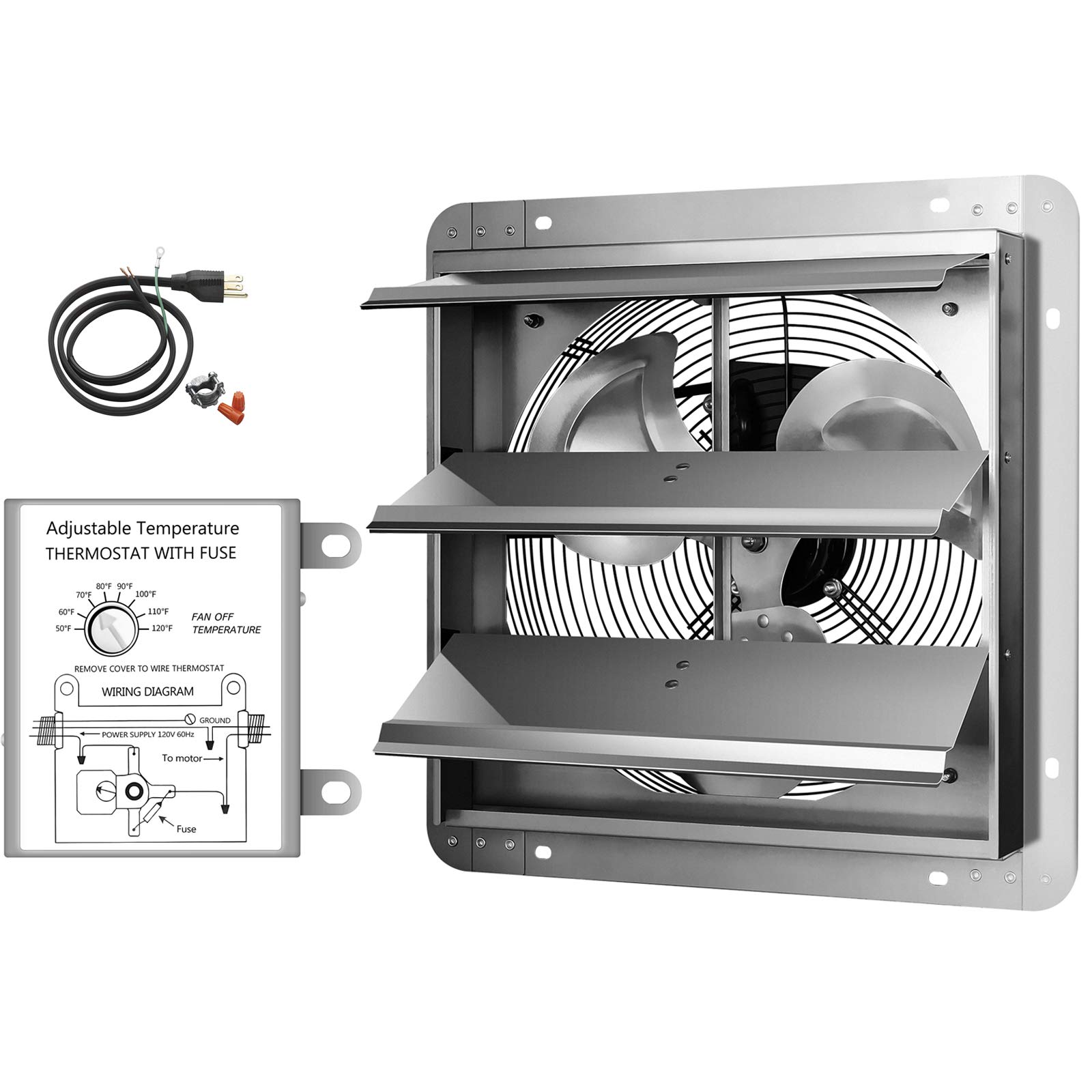 iPower 14 Inch Aluminum Wall Mounted Shutter Exhaust Fan with Thermostat - 1600 RPM, 1000 CFM - Perfect for Attic Ventilation, Garage Cooling, Greenhouse Air Circulation & Plant Grow Rooms (Silver)