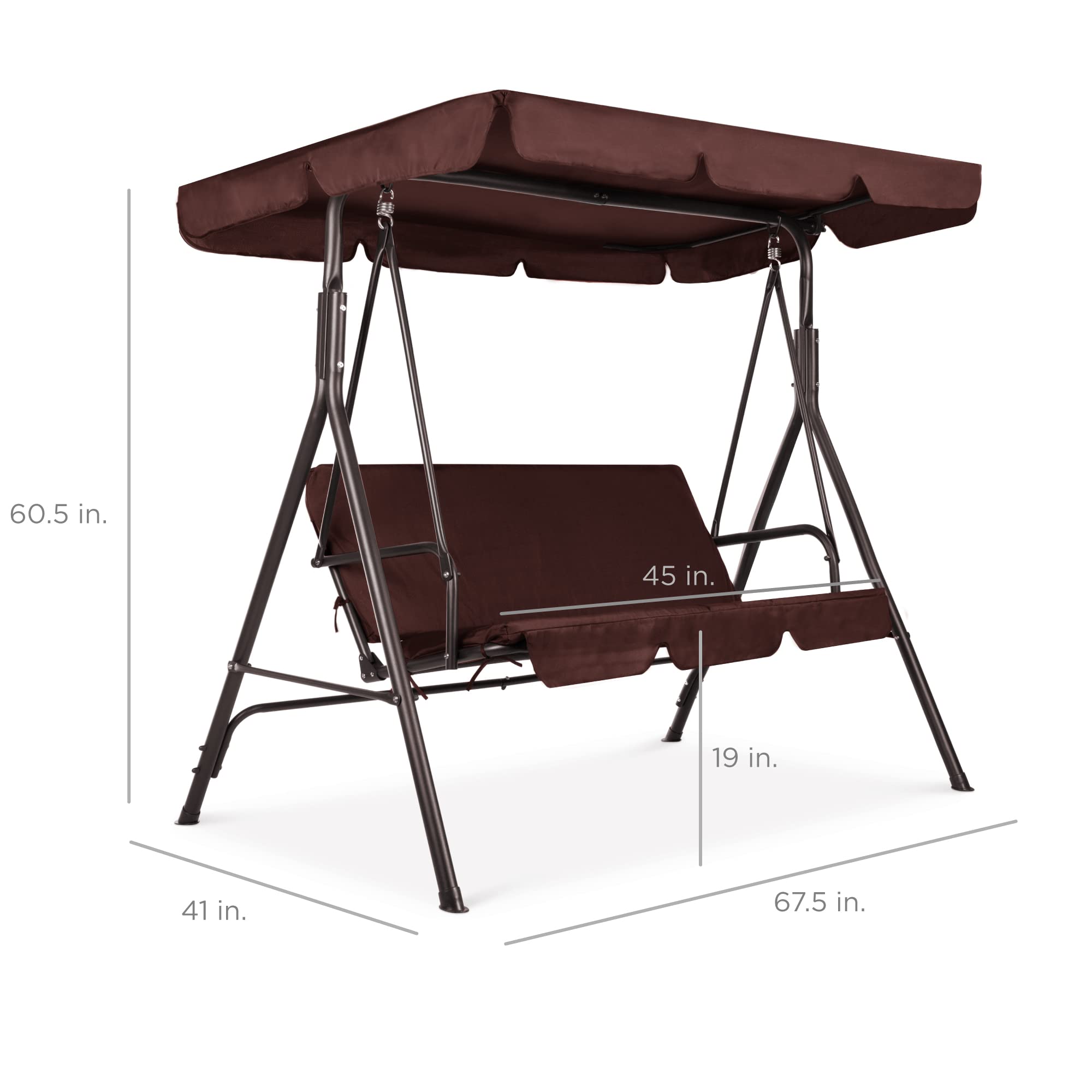 Best Choice Products 2-Person Outdoor Patio Swing Chair with Convertible Canopy - Hanging Glider Porch Bench for Garden, Backyard, Poolside - Adjustable Shade & Removable Cushions - Brown - Perfect for Relaxing, Lounging and Outdoor Entertaining