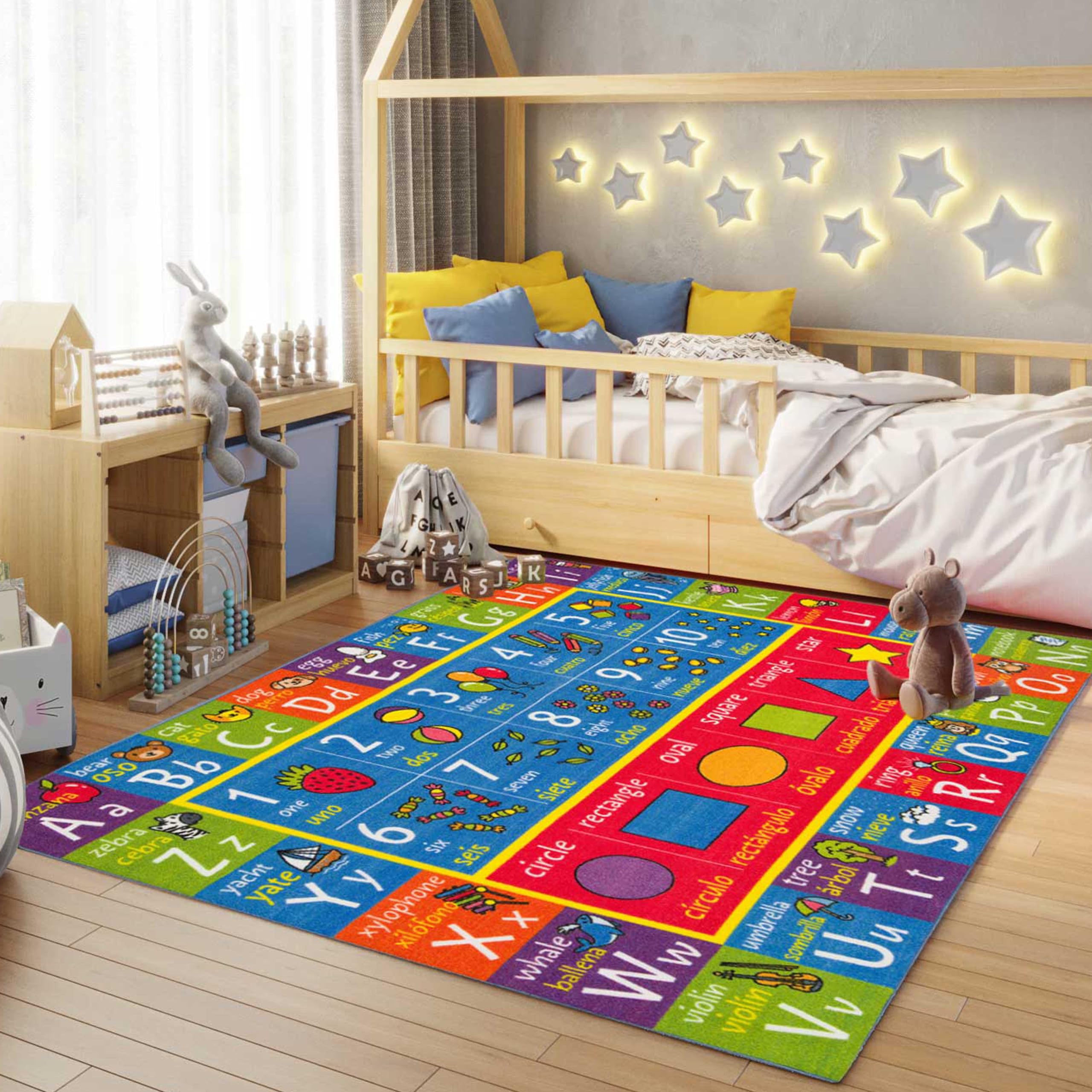 KC Cubs ABC Alphabet, Seasons, Days & Spanish Bilingual Educational Rug - Kids Learning Play Mat for Bedroom, Classroom & Playroom - Perfect for Toddler Activities & Early Childhood Education
